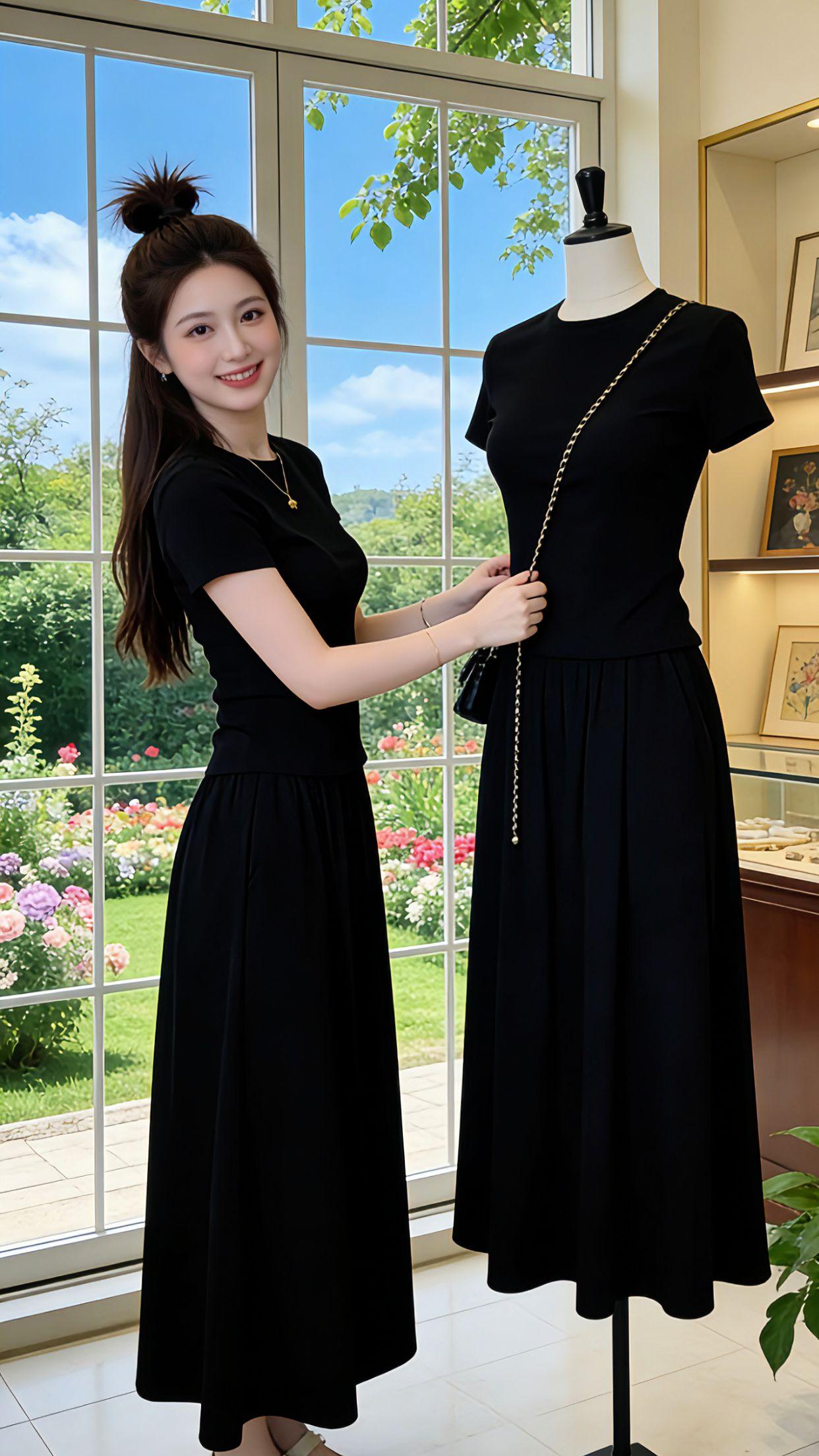 夏天的快乐，是这套不费力的穿搭给的。修身短袖刚好掐出温柔腰线，垂感大摆半身裙藏住