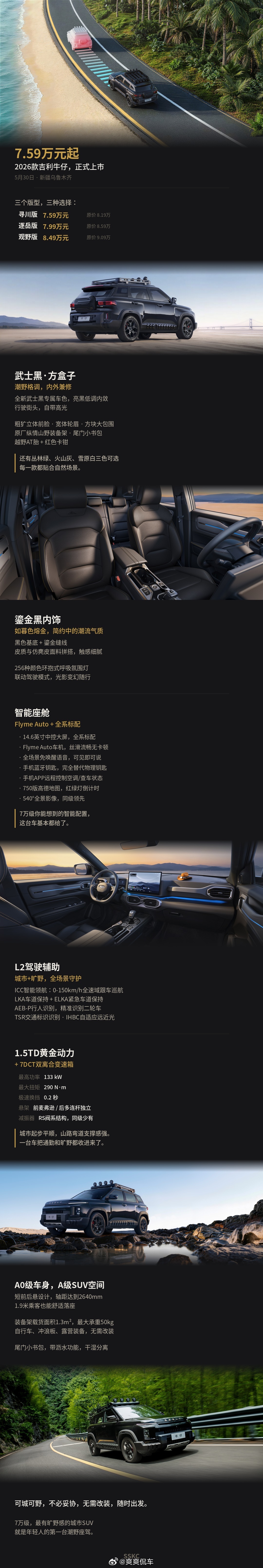 26款吉利牛仔吉利牛仔乐享自由 潮野城市SUV2026 款吉利牛仔上市，7.59