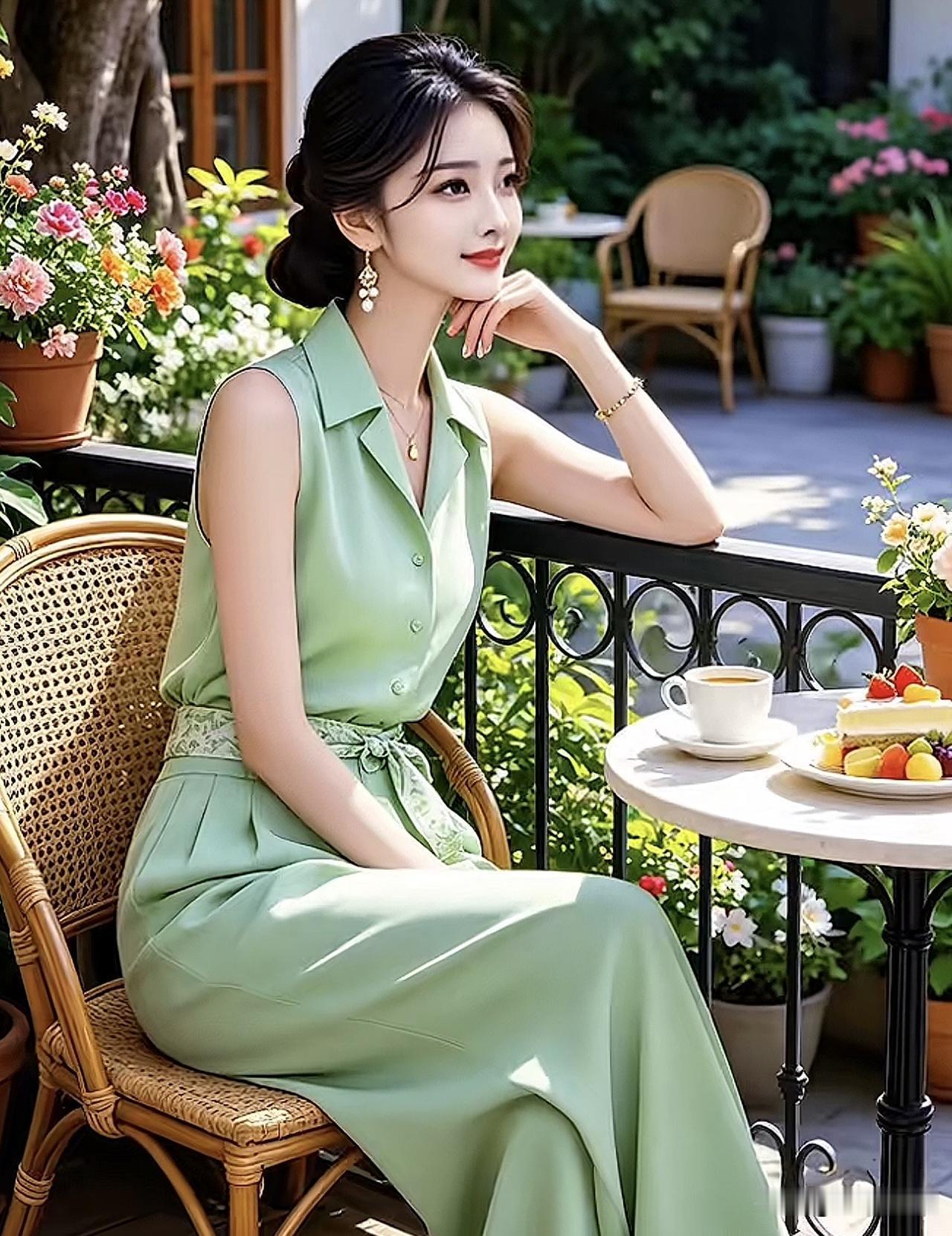 优雅绿裙，午后时光，静享美好气质绿裙 浅绿鸢尾度假裙 绿裙氛围感写真 浅绿鸢尾度