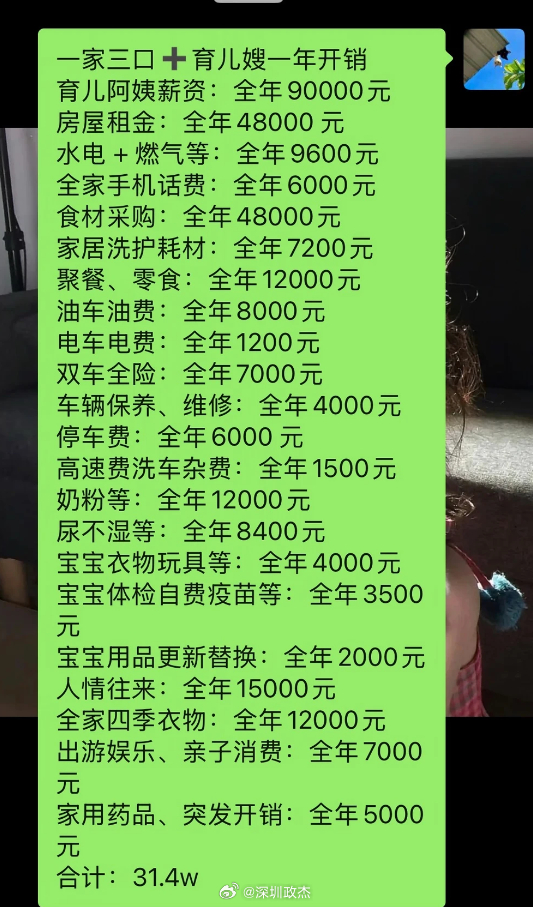 深圳一家三口人，请了一个阿姨带宝宝，租房在宝安，双车无房贷，每年31万左右。 ​