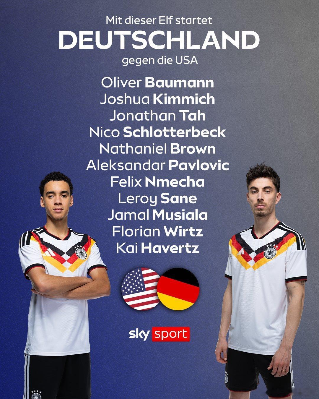 🚨熱身賽，🇺🇸美國🆚德國🇩🇪，德國國家隊首發陣容公佈⚫️🔴🟡 