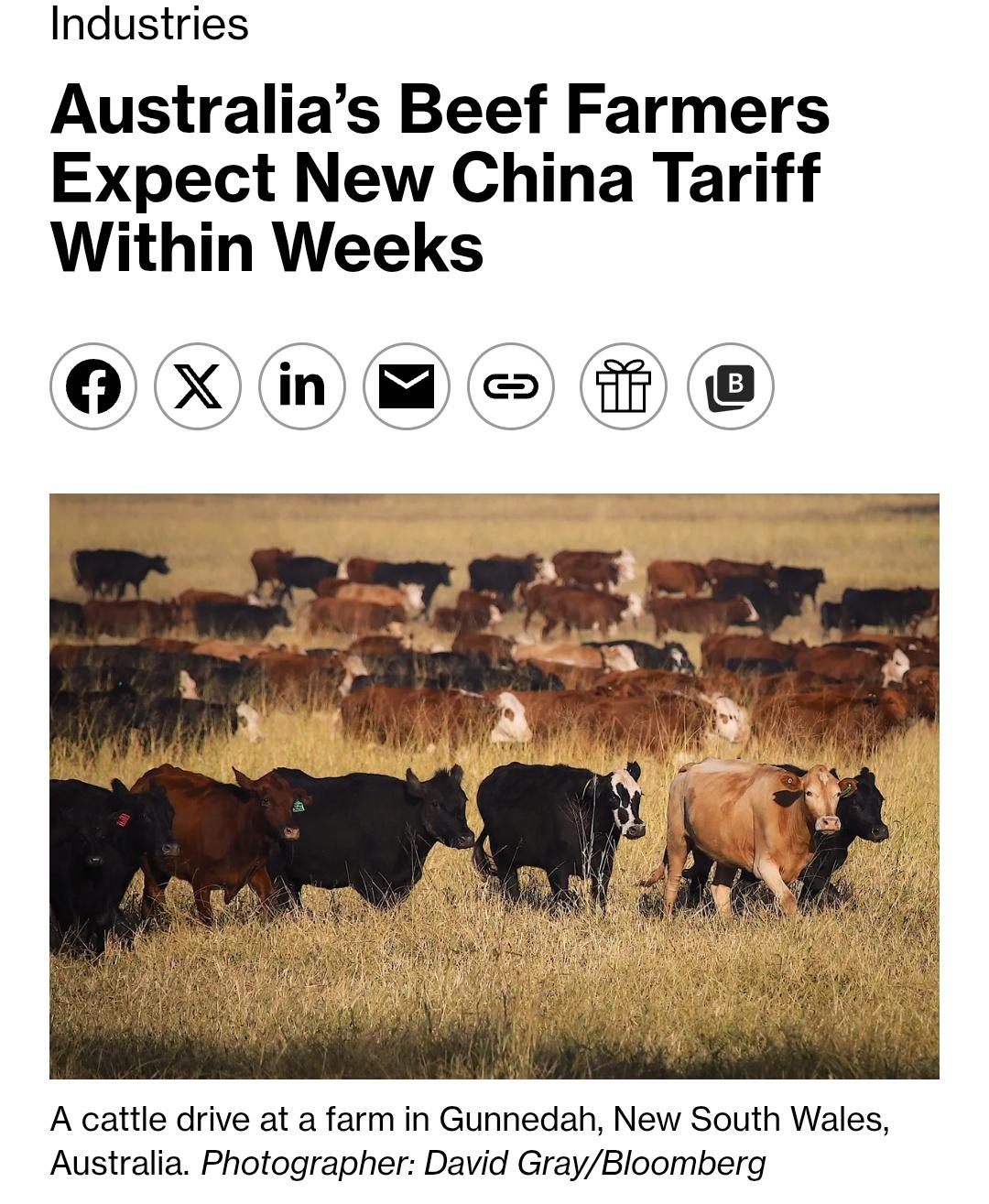 澳大利亚牛肉农户预计未来几周内，中国将对澳牛肉加征55%额外关税。
2026年中
