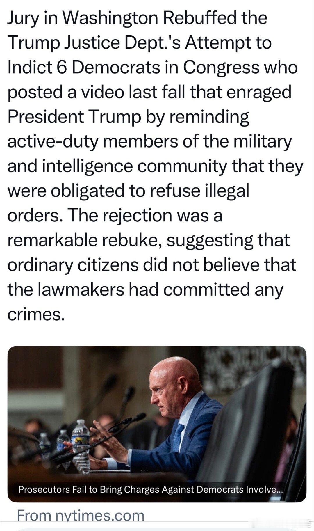 六名民主党议员曾发布视频，提醒现役军人和情报人员“可以拒绝执行违法命令”司法部想