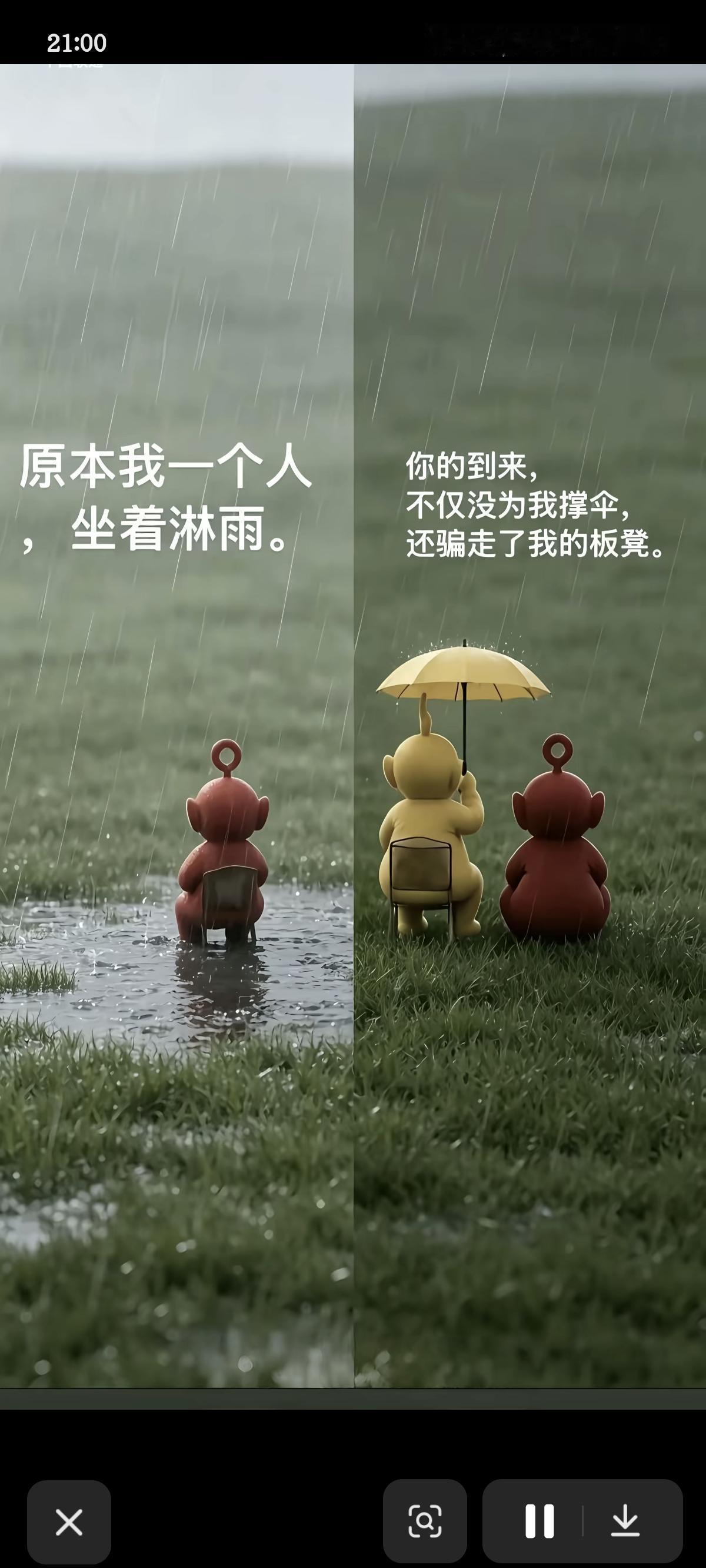 原本我一个人坐着淋雨！
你的到来，不仅没有为我撑伞，
还骗走了我的板凳。