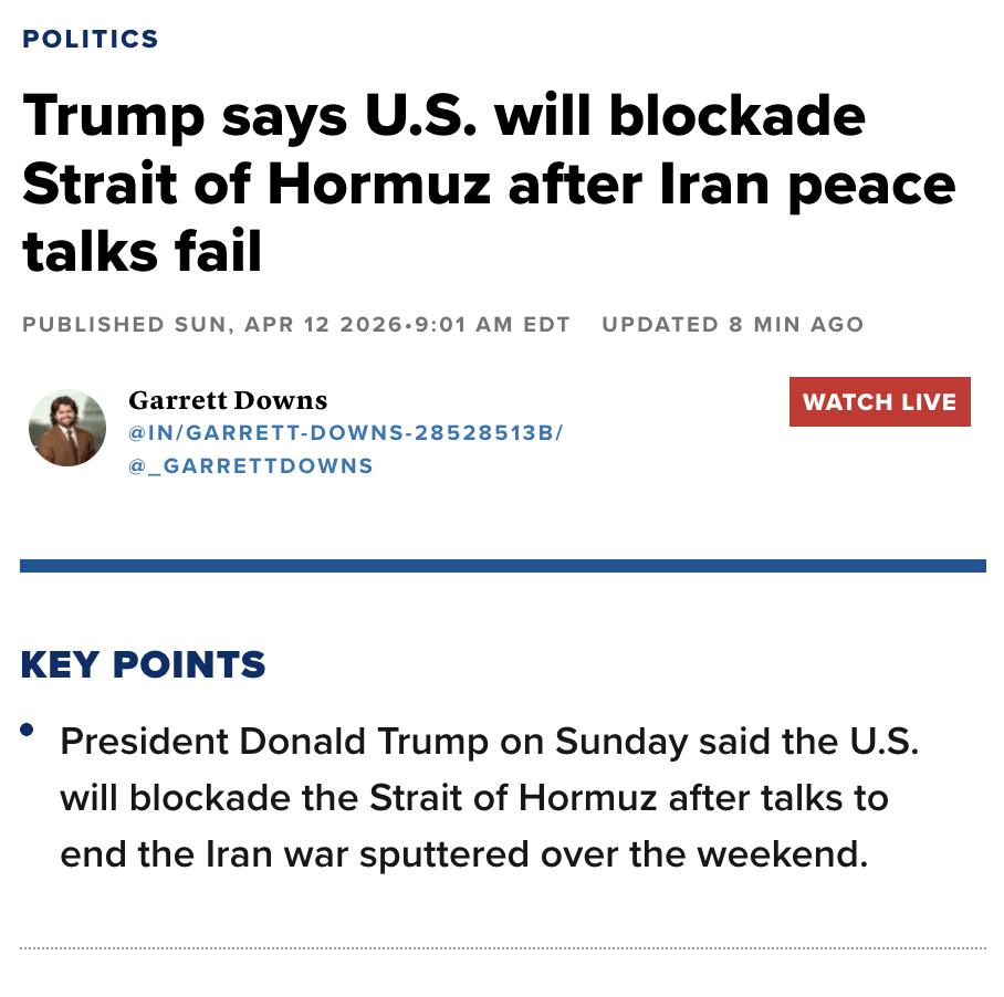 美媒：特朗普宣布美国将封锁霍尔木兹海峡，此前在巴基斯坦举行的结束伊朗战争的和谈破