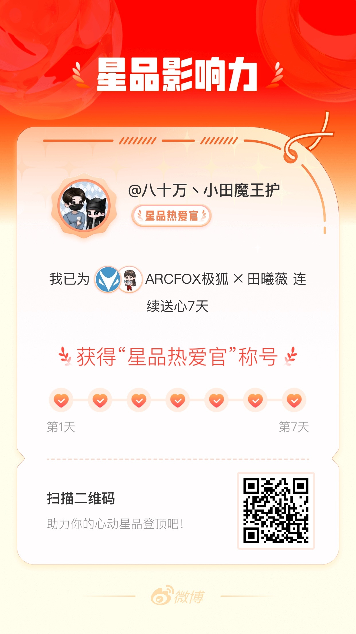 我在星品影响力上为 X 连续送心7天，获得“星品热爱官”称号！快来一起pick你