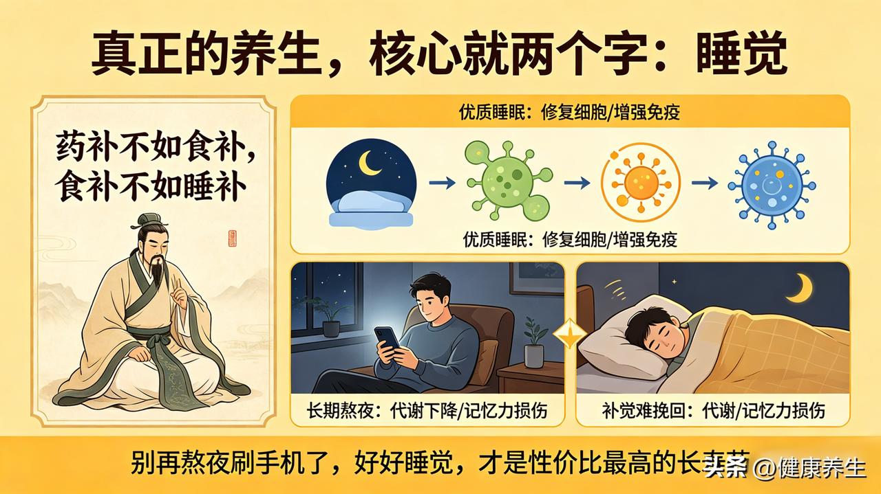 真正的养生，核心就两个字：睡觉。

中医讲“药补不如食补，食补不如睡补”。优质睡