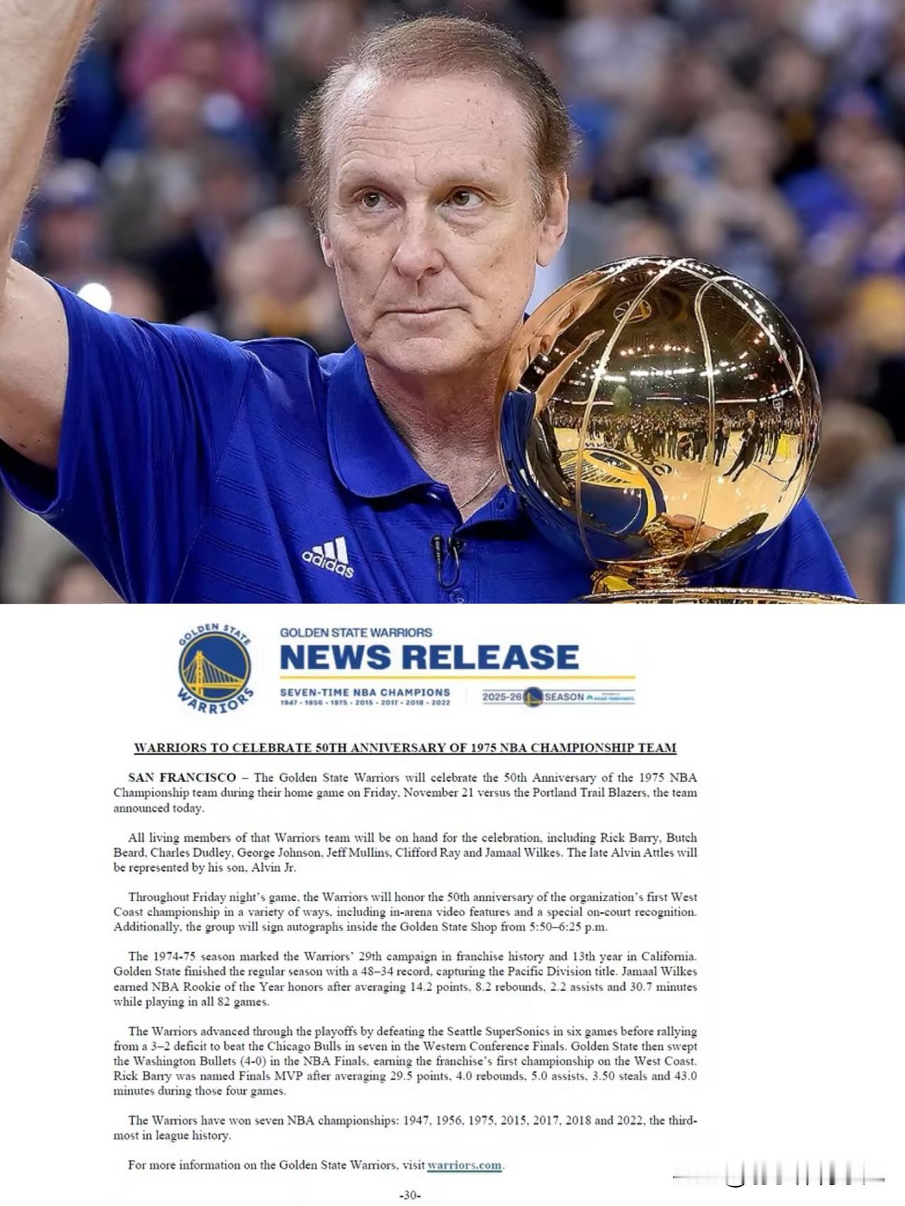 勇士夺冠50周年庆典！
勇士官网发布11月22日主场对阵开拓者的比赛期间，将举行