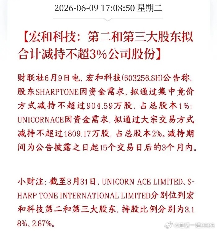 电子布龙头股东开始减持了，涨幅已经翻了4倍宏和科技公告两大外资股东要合计减持3%