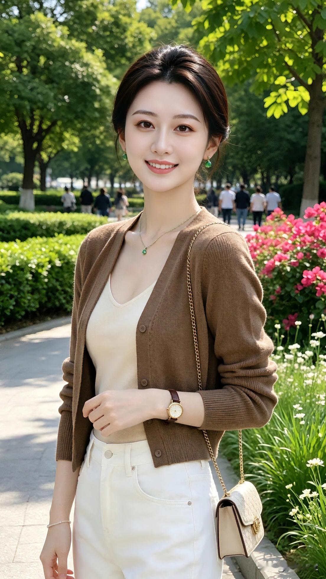一身咖色针织开衫搭配白裤，简约清爽。伴着花草微风，笑容恬淡，简简单单，自有舒服的