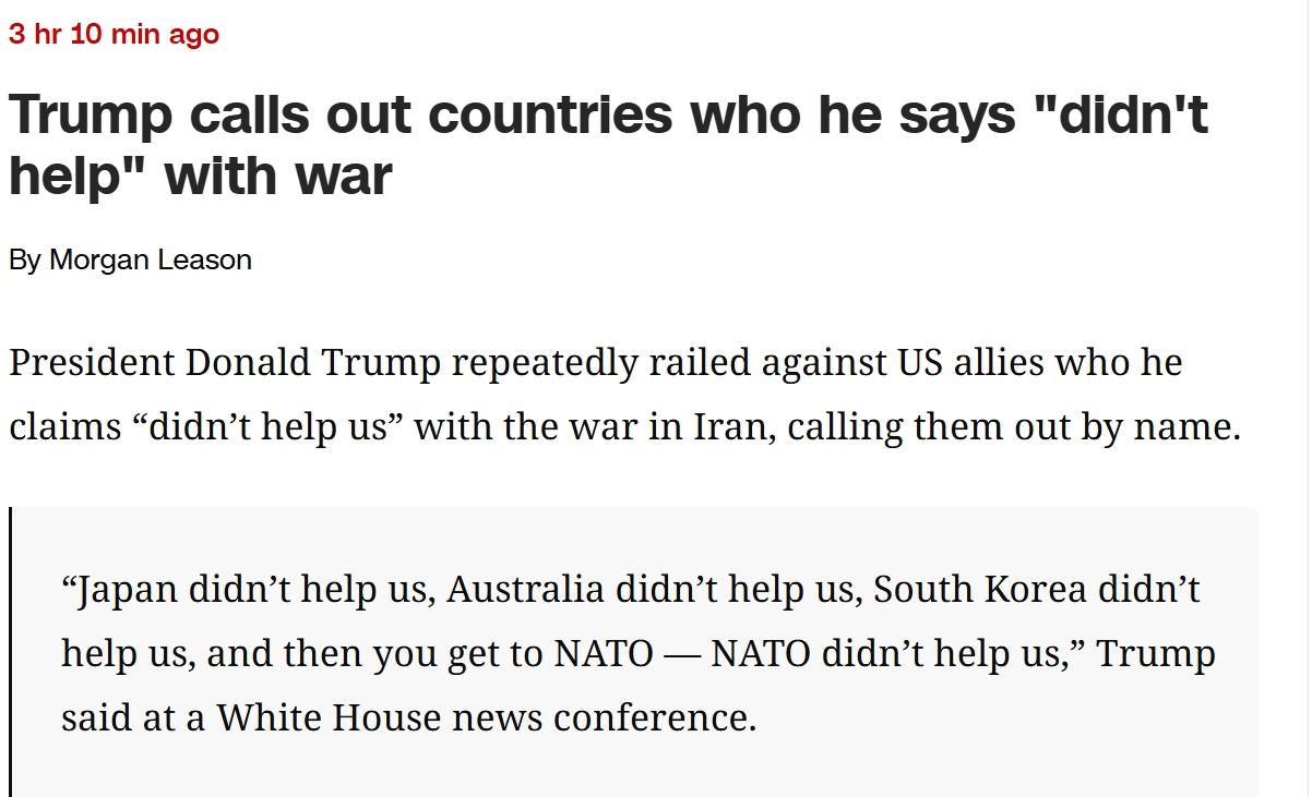 特朗普点名批评多国盟友：“没有帮助我们”

特朗普在白宫新闻发布会上点名抨击多个