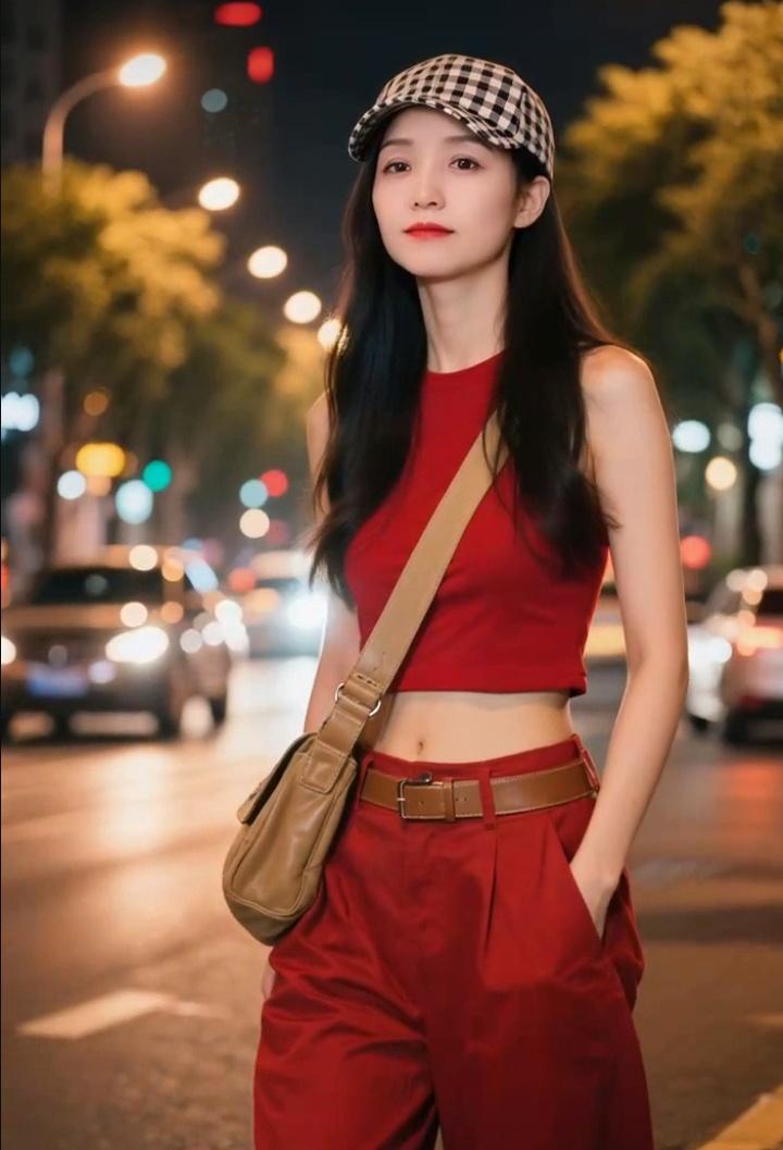 夜晚街头，红衣女子在等车。美女的美丽体现在何处呢？ 气质红裙女 城楼红衣女子