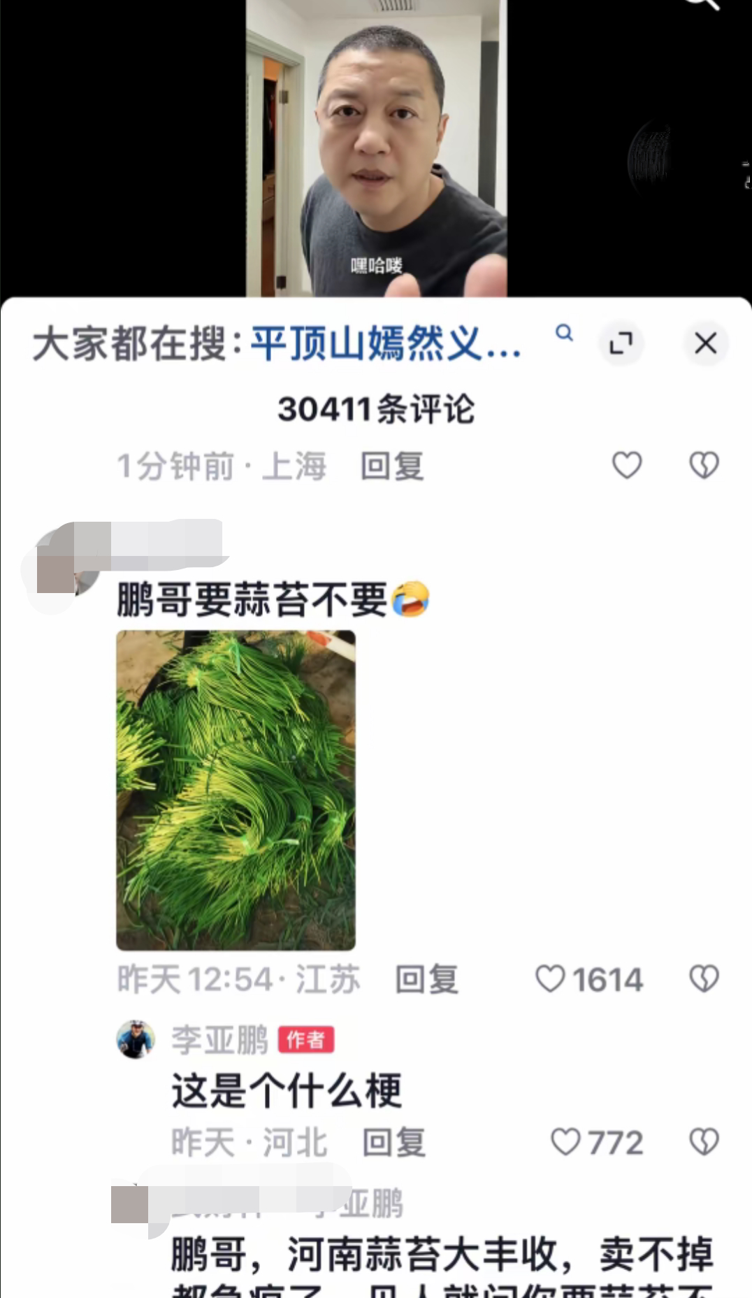 河南蒜薹都送到李亚鹏这了，鹏哥以为玩梗呢