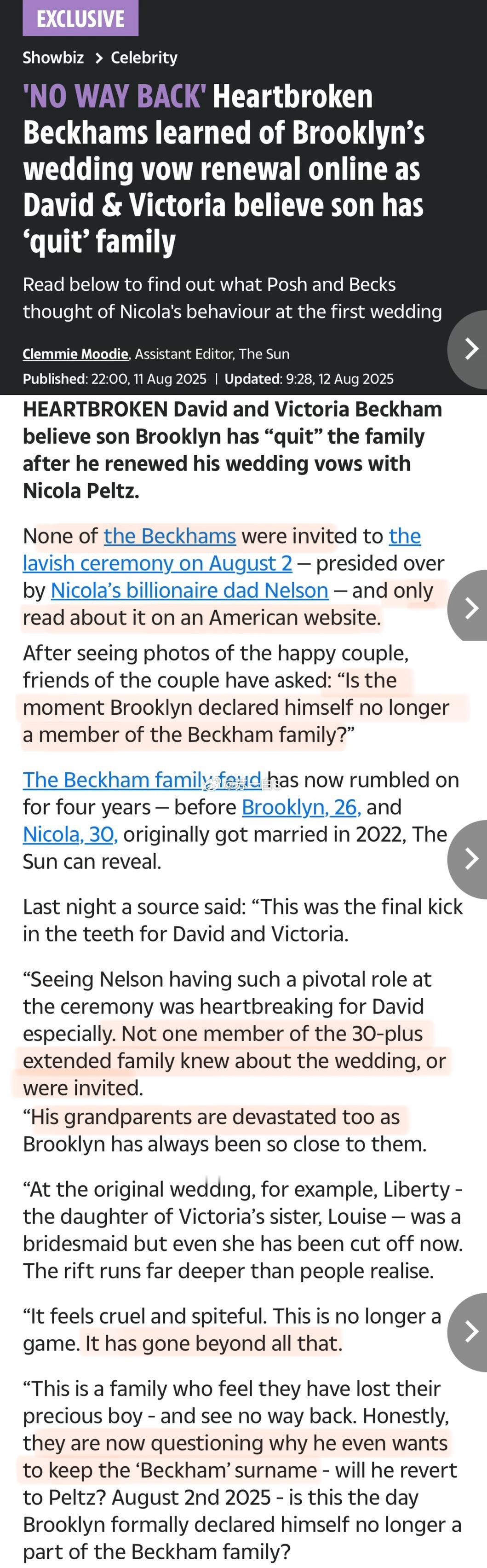 《太阳报》独家消息表示，贝克汉姆夫妇是通过网络得知大布跟Nicola重新办了场宣