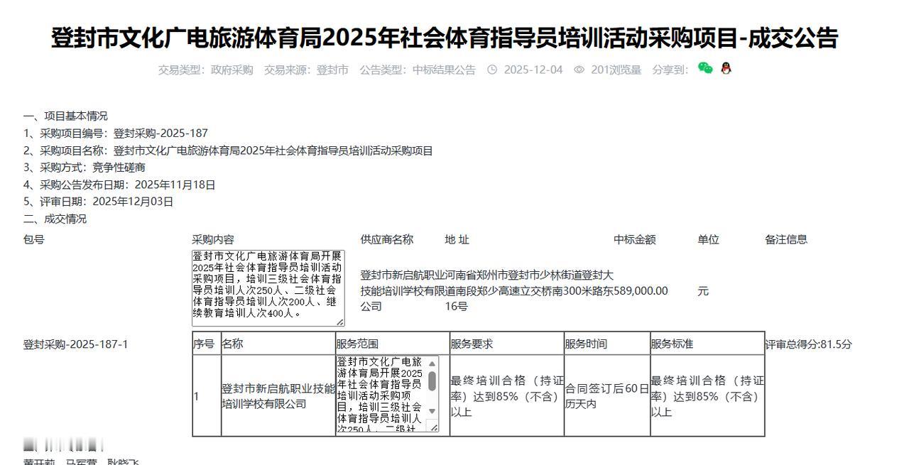 登封市2025年社会体育指导员培训活动采购项目-成交公告，金额58.9万元