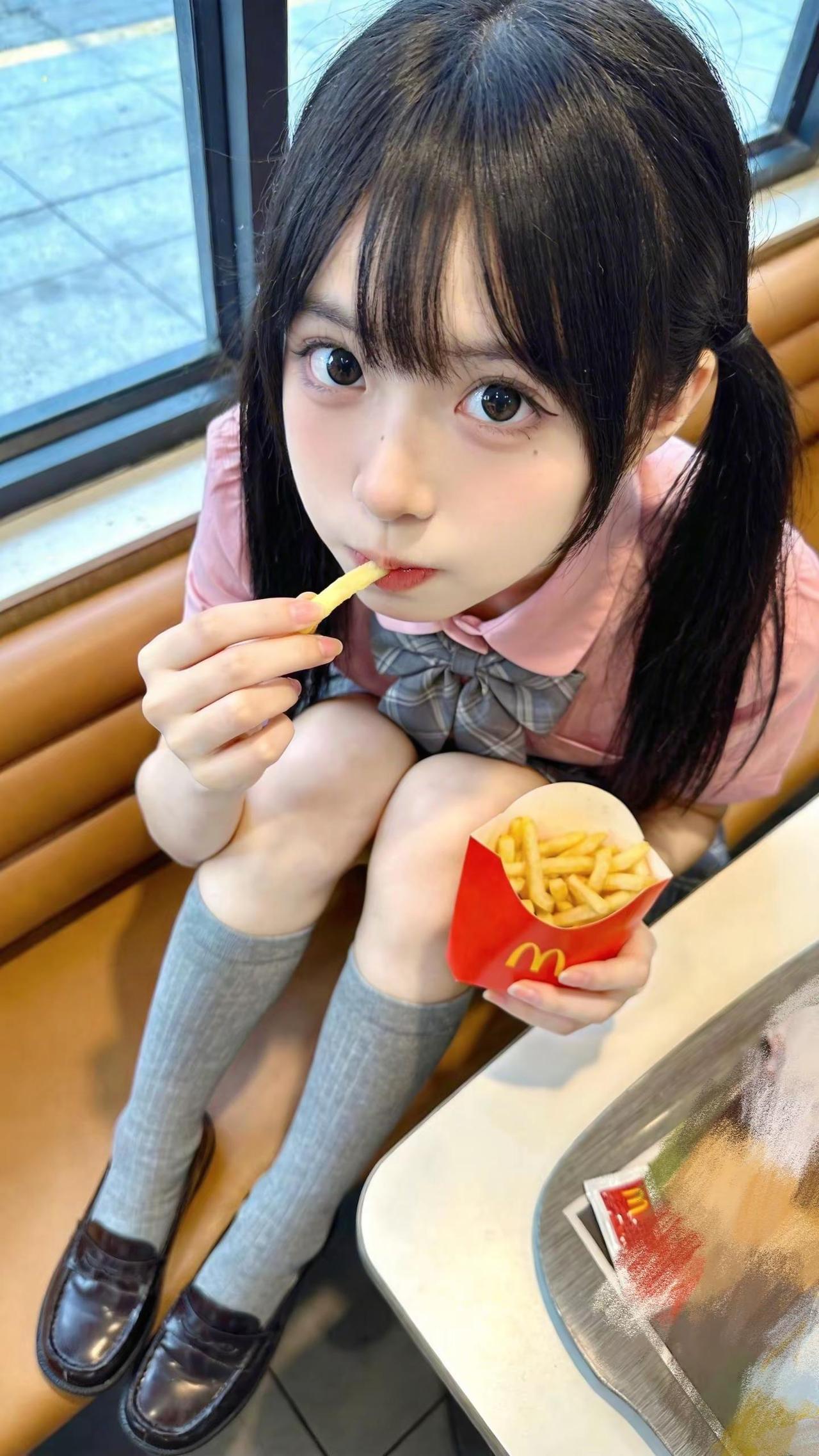 偷吃薯条。麦当劳 jk穿搭