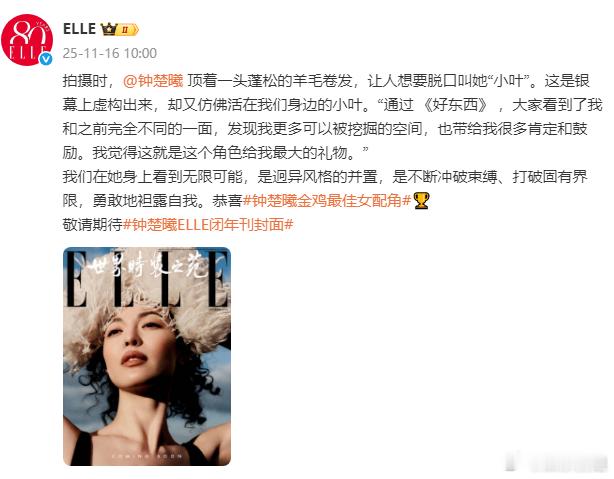 ELLE祝贺钟楚曦，金鸡获奖后首个封面！文艺工作者钟楚曦好争气，小叶值得，美美期