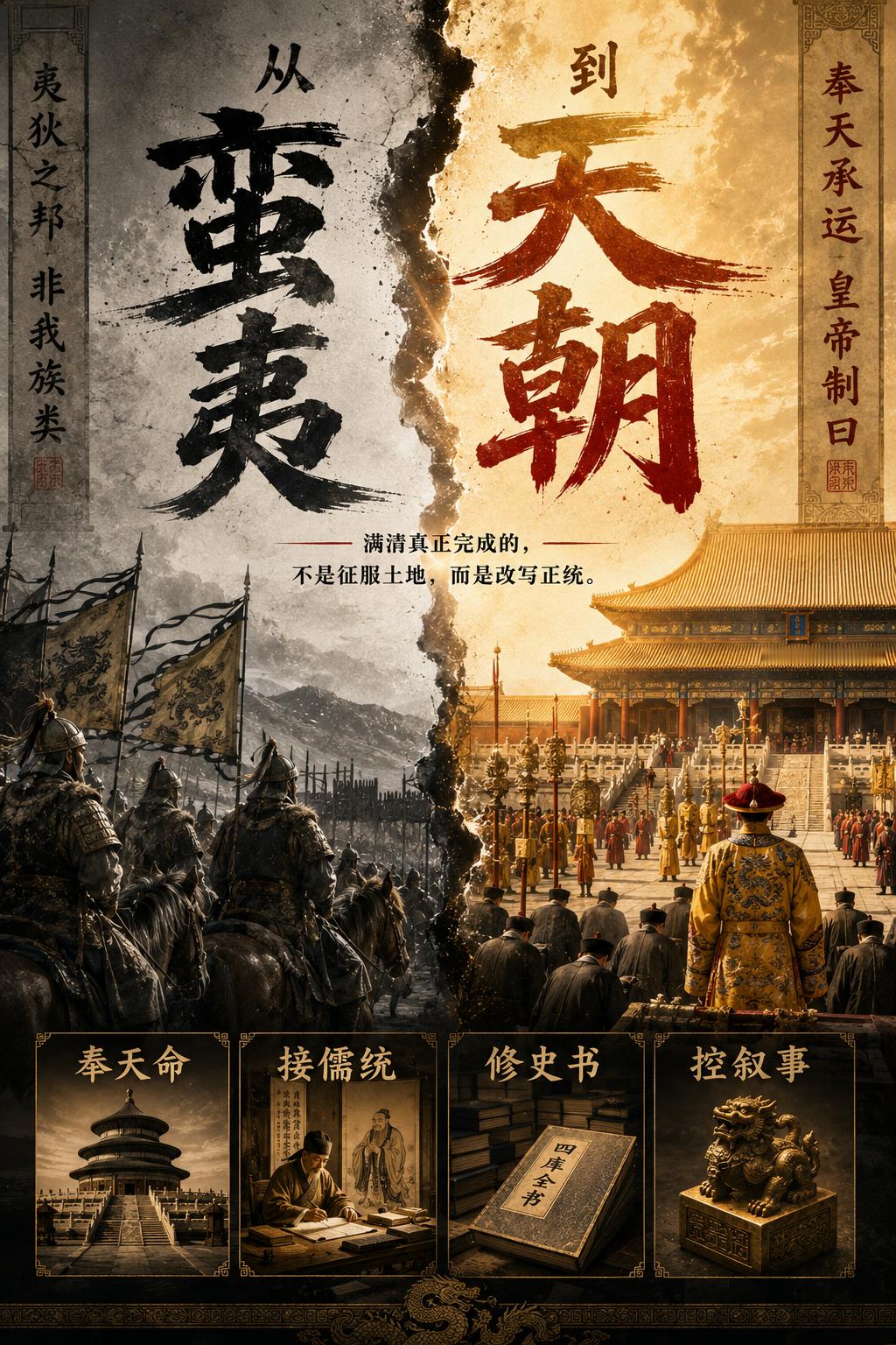 满清是如何把自己从“蛮夷”塑造为“天朝”的？其中有什么文化工程？Claude 对