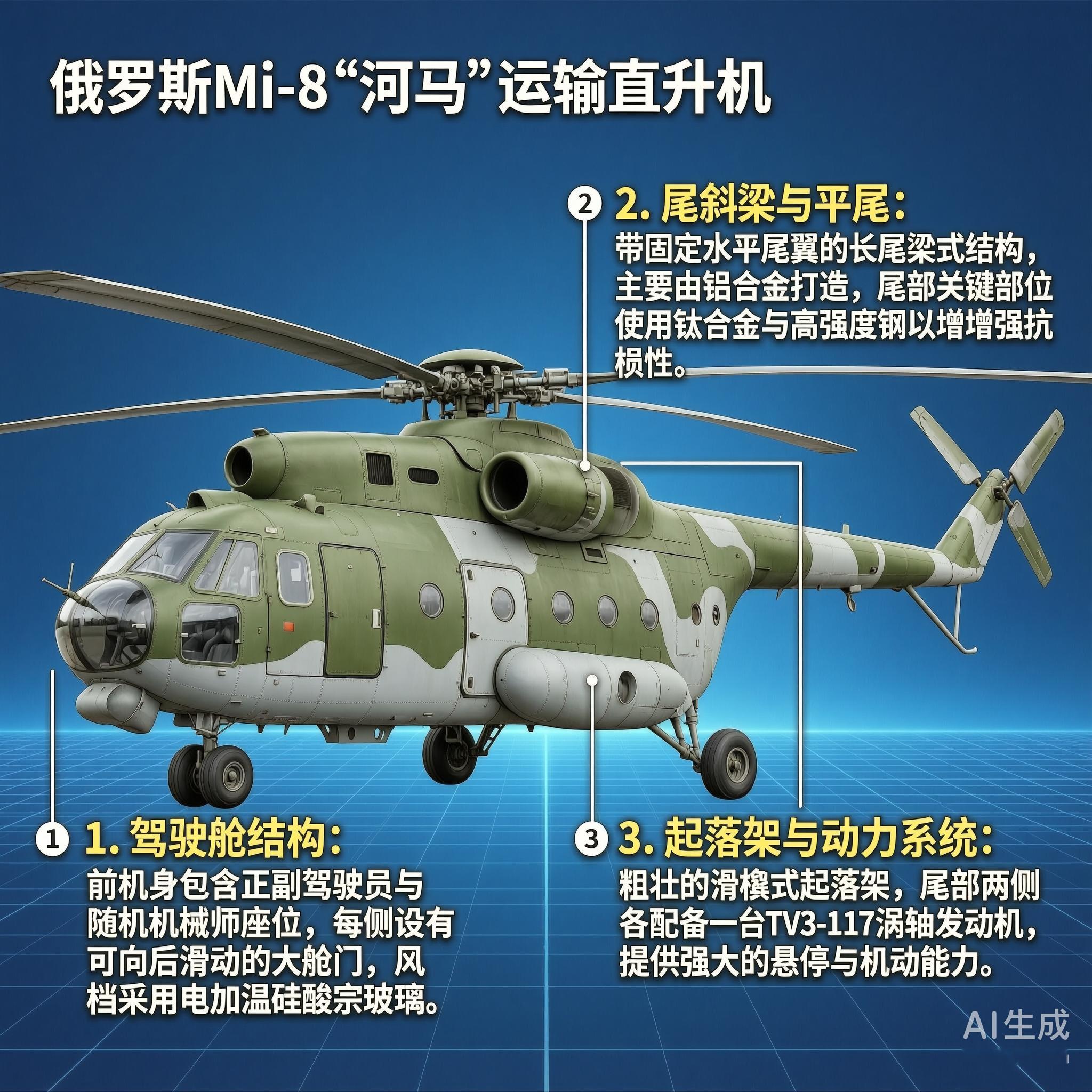 军事ai新视野 俄罗斯Mi-8“河马”运输直升机Mi-8是苏联米里设计局研制的中