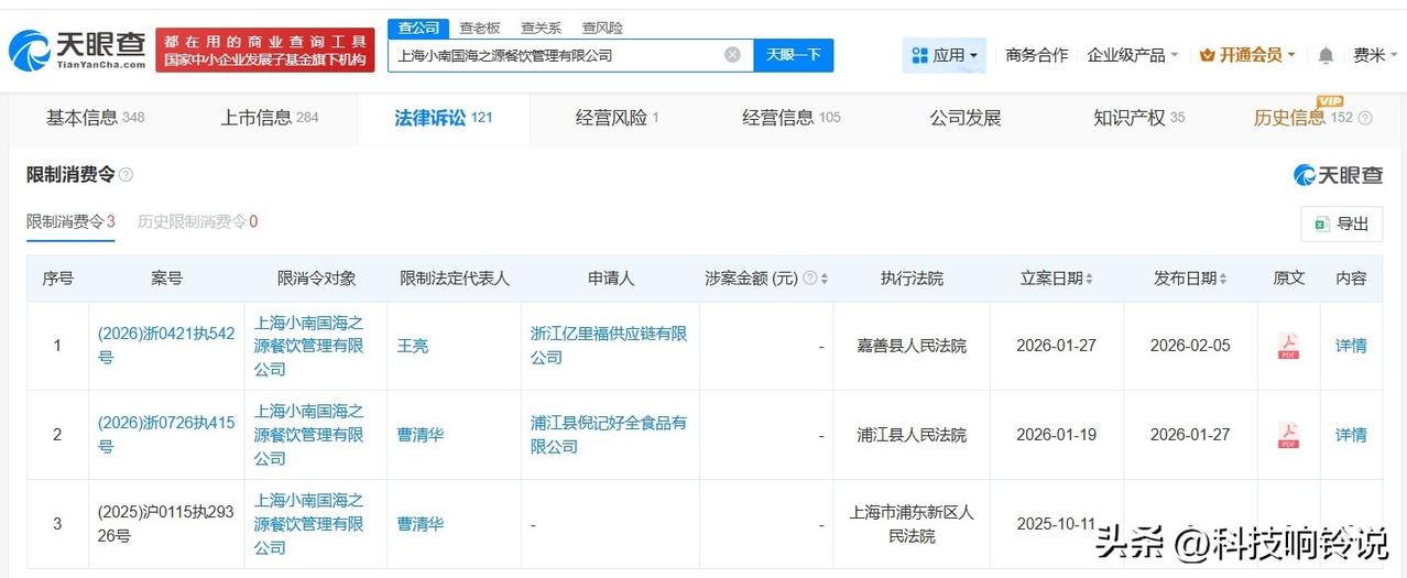 【上海小南国被限消 上海小南国今年被多次限消 上海小南国因82万案款被限消】
天