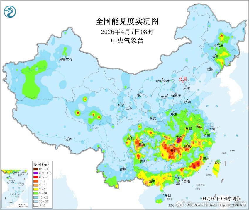 【雾 霾 沙尘】今晨在重庆、湖北、湖南、福建等地，雨后出现大雾。8时能见度较低的