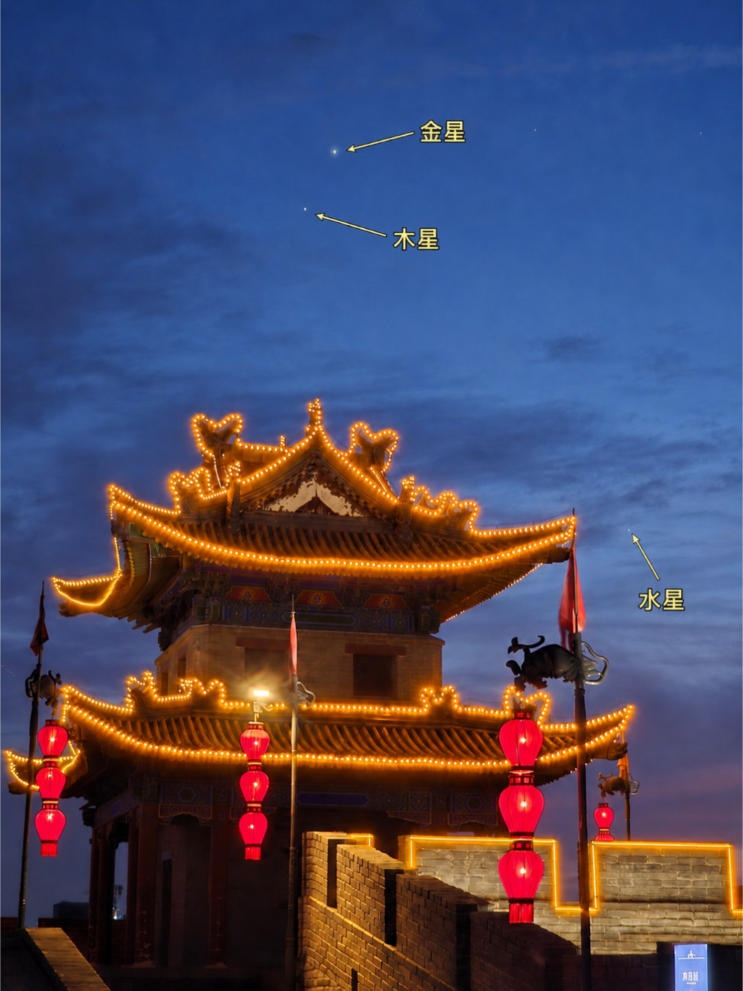今天拍的金星和木星，位置跟昨天又不一样了。还拍到了水星，在楼右边。标出来了，应该