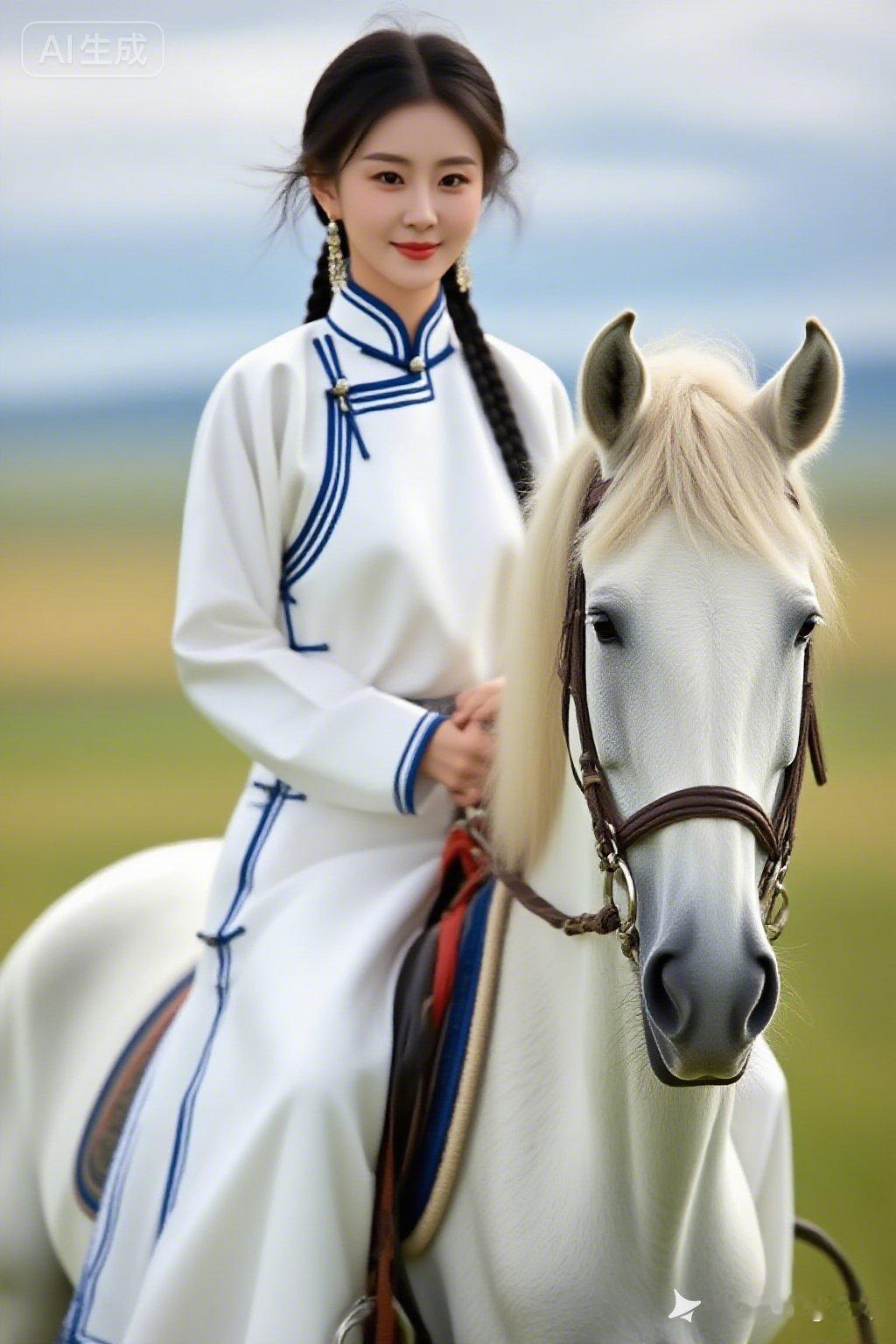 草原上的白衣少女与白马，唯美如画！