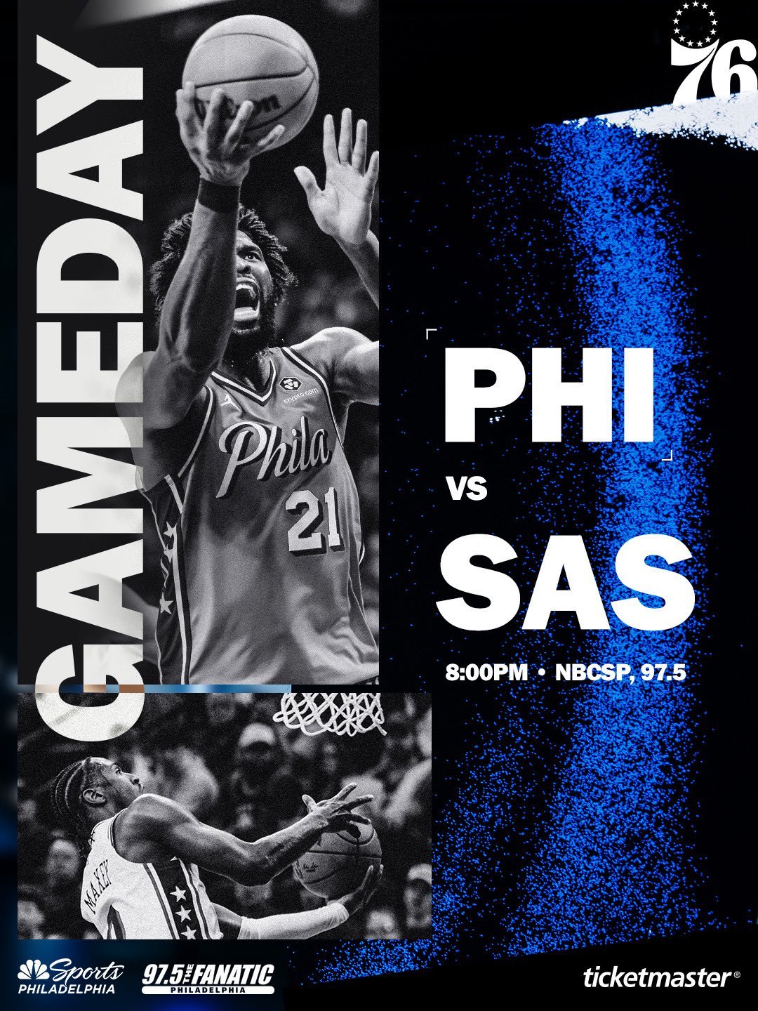 常规赛第79场：76人vs马刺首发阵容名单：马克西、埃奇库姆、乔治乌布雷、恩比德