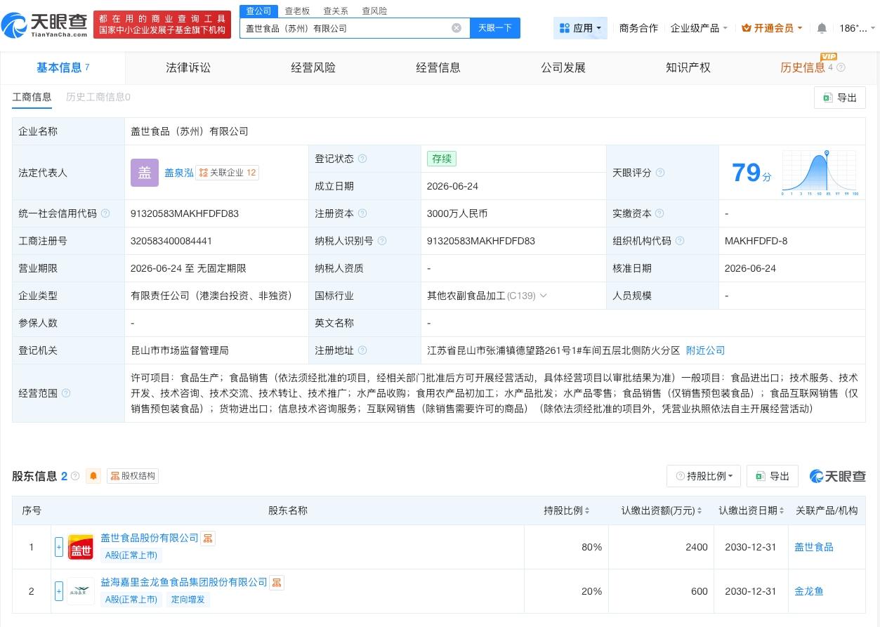 盖世食品金龙鱼在苏州成立合资公司 注册资本3000万

天眼查App显示，近日，