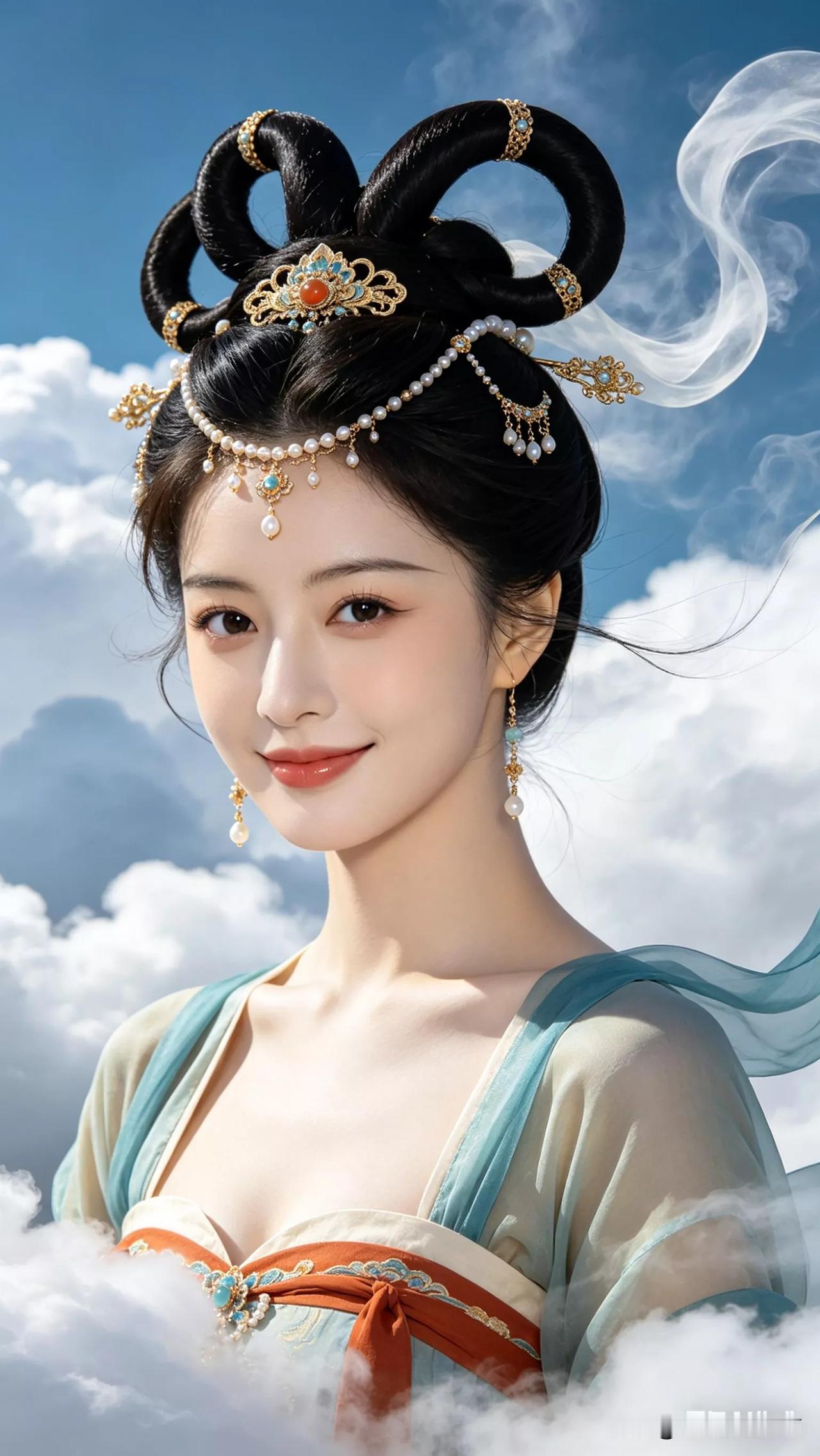 仙气飘飘的古典美人，云雾缭绕中宛如天仙下凡。张立启原创书画AI作品古仕女发髻服饰