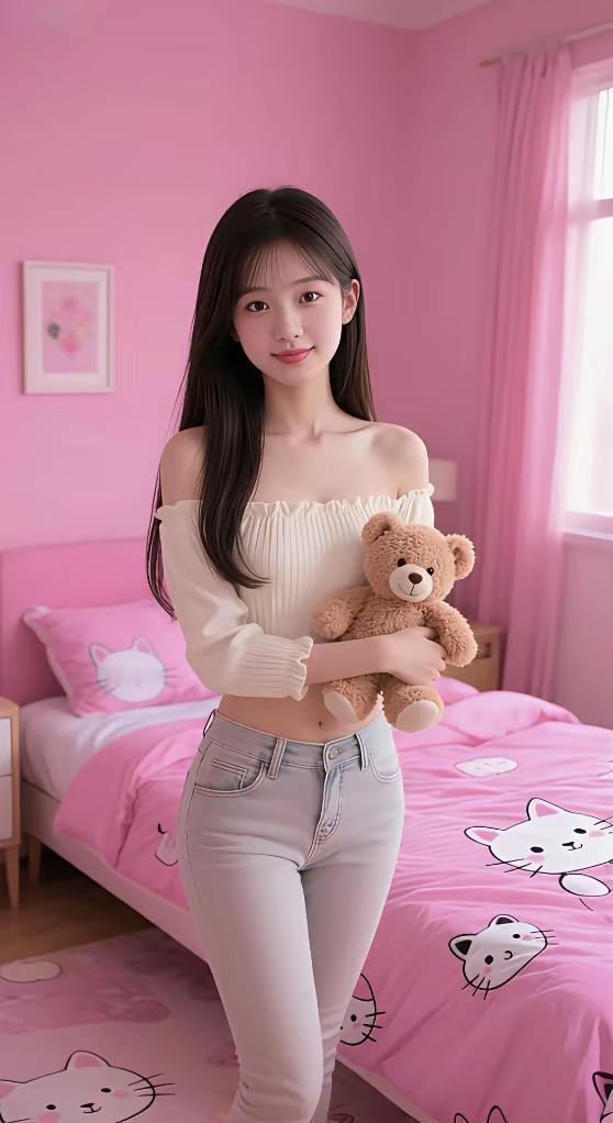 少女心爆棚的粉色卧室，可爱萌娃与毛绒熊🧸的完美搭配，甜美笑容让人心动不已！