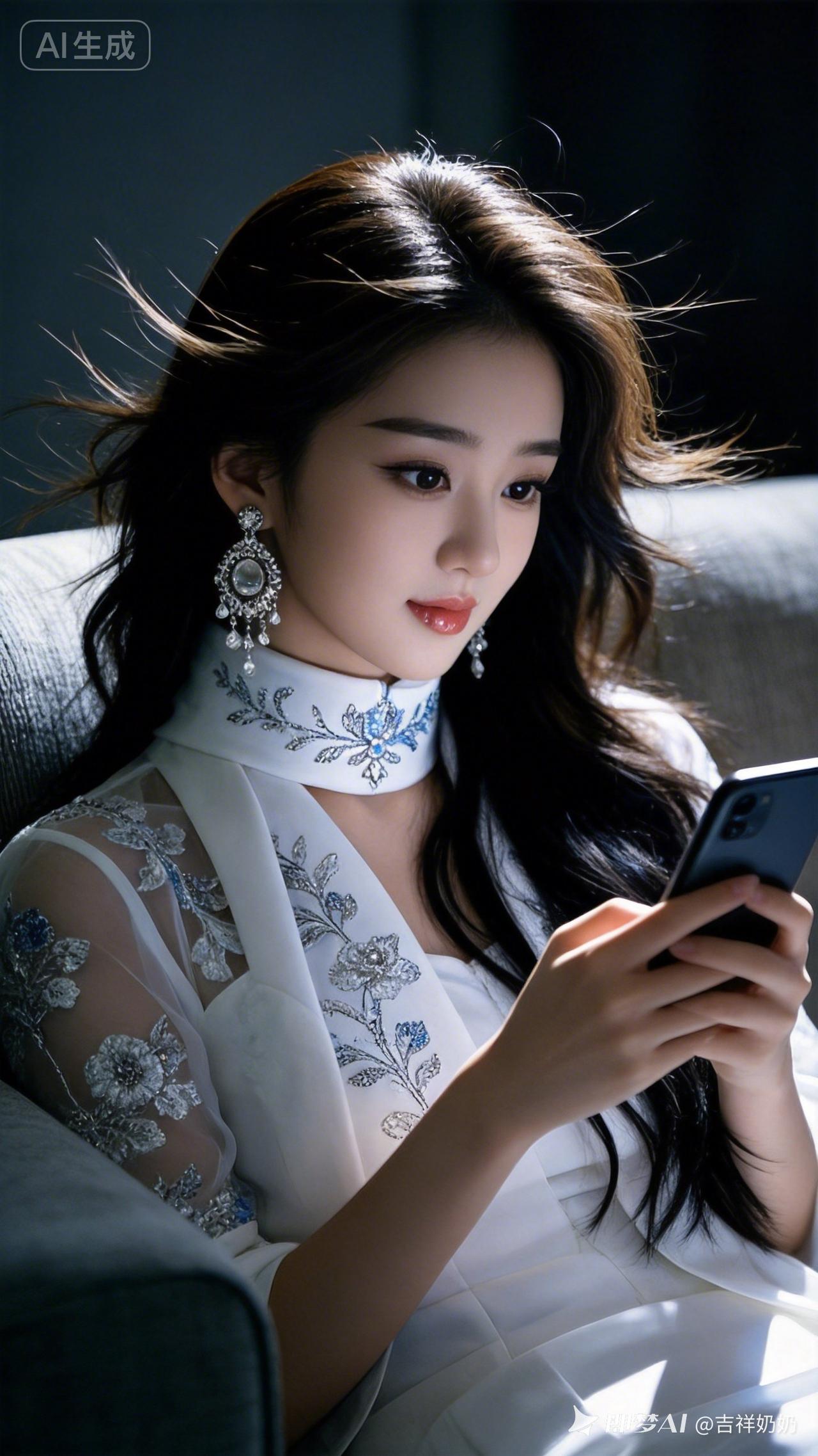 优雅白衣少女，沉静阅读时光。📱✨