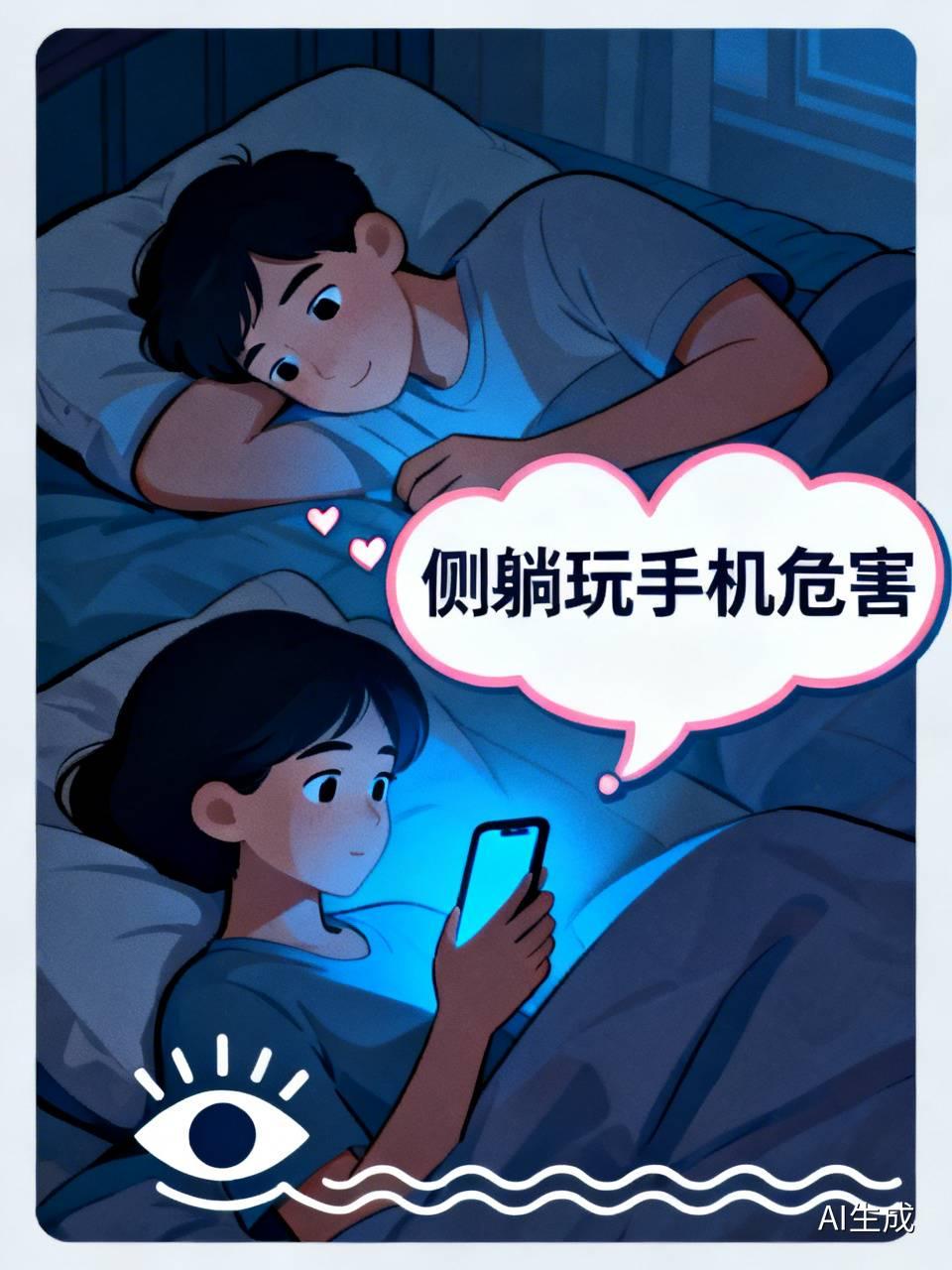千万不要侧躺玩手机！我身边就有个朋友，总侧躺刷手机，结果视力急剧下降。
侧躺时，