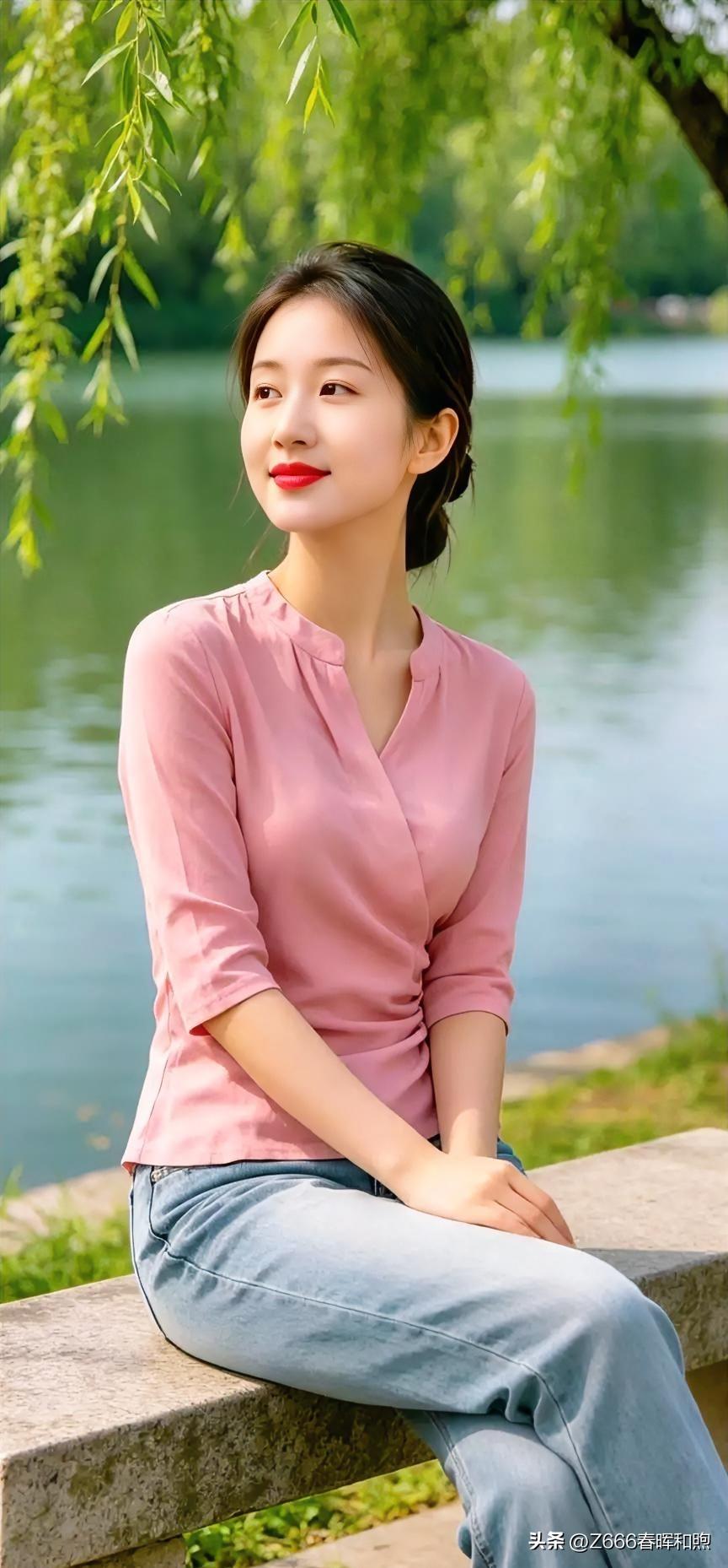 柳丝轻拂水面，佳人静倚石栏。粉衫淡雅，凝眸远望，眸光清澈如水。一抹红唇含笑意，与
