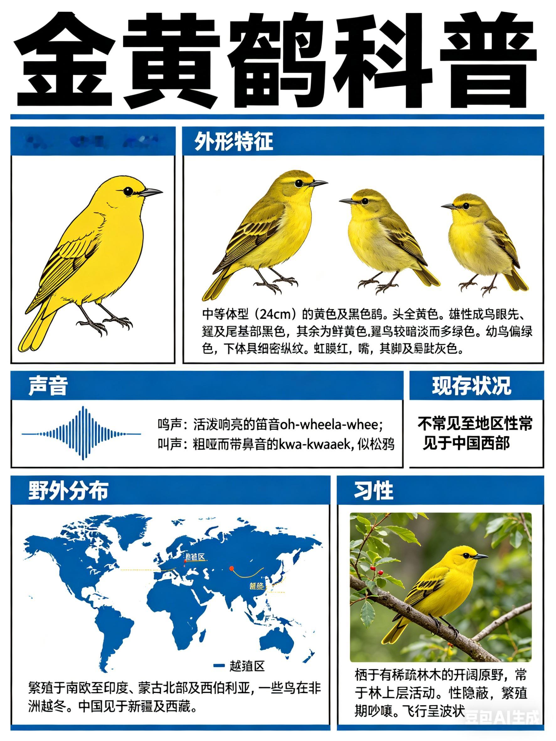 鸟类朋友图鉴 金黄鹂·科属：雀形目，黄鹂科。·外形特征：中等体型（24cm）的黄