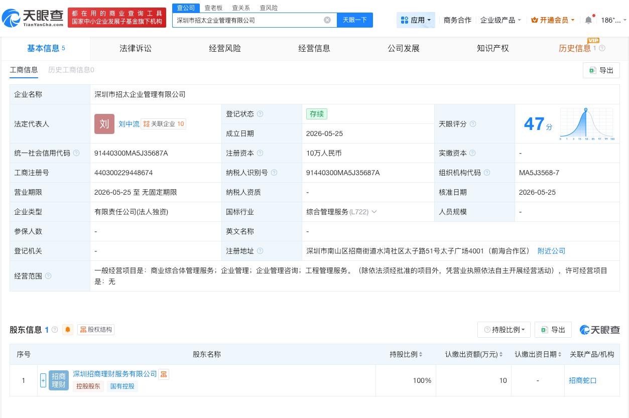 招商蛇口成立新企管公司

天眼查App显示，近日，深圳市招太企业管理有限公司成立