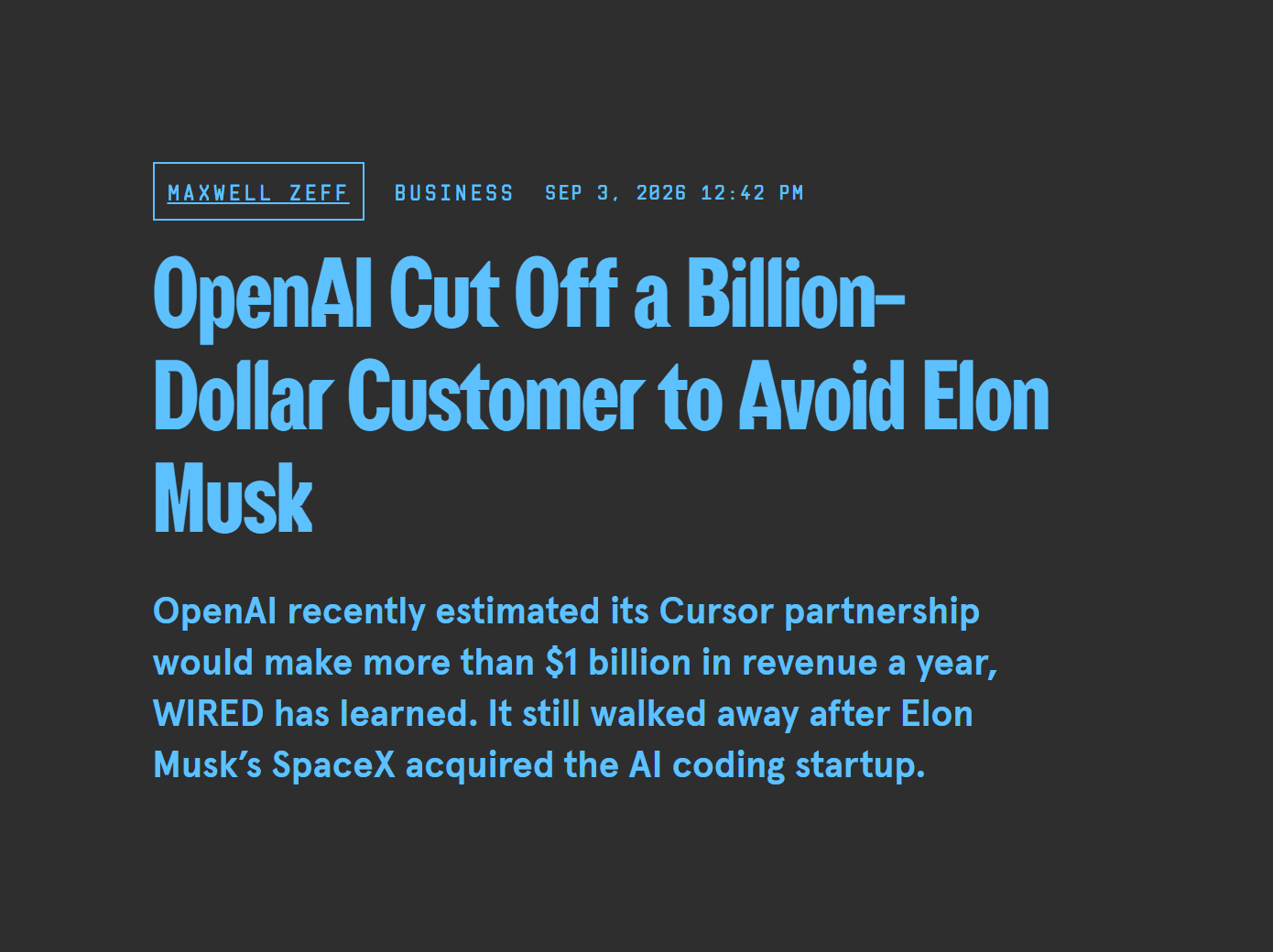 据『连线杂志』的最新报道，按营收贡献计，Cursor 目前位列 OpenAI 前