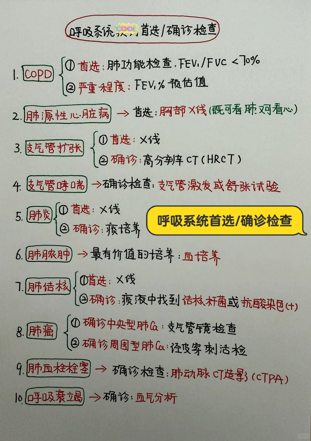 今日学习打卡——呼吸系统首选/确诊检查