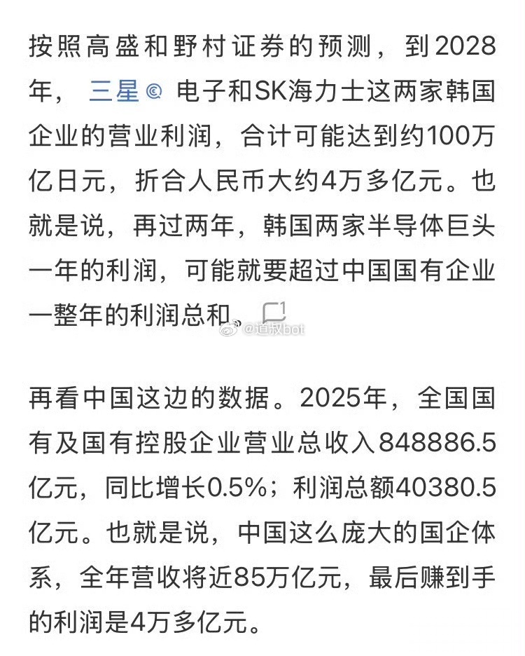 2028年韩国两家巨头，利润可能会超过所有中国国有企业利润？ 