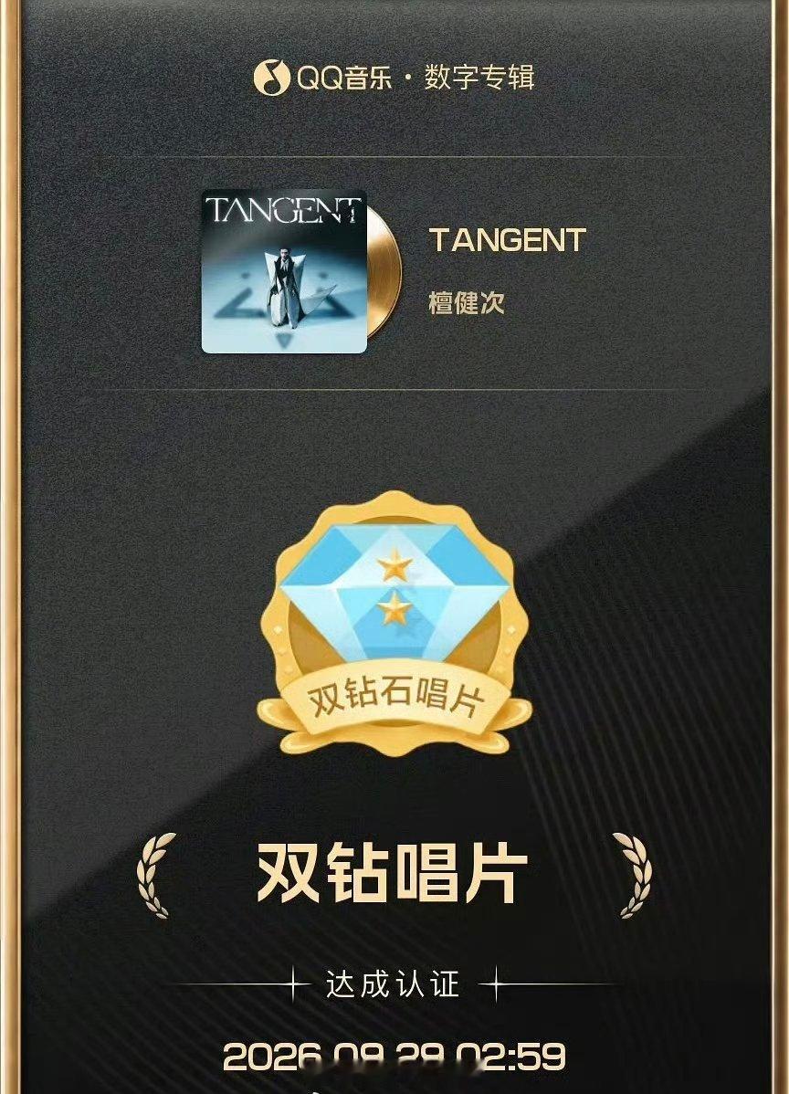 檀健次第三张个人专辑《TANGENT》不到12小时达成双钻唱片！！ ​​​