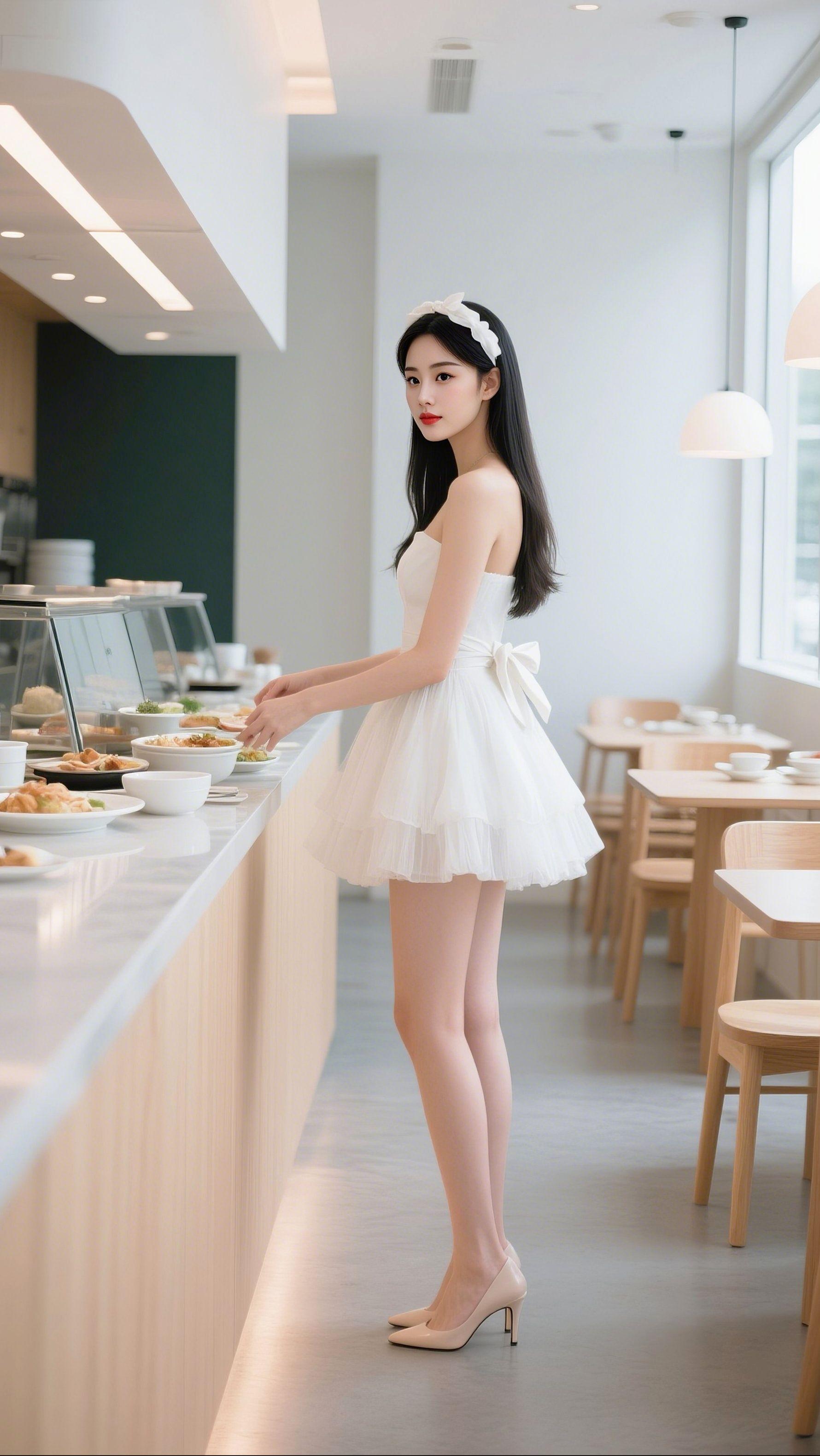 处于一个现代简约风格的餐厅或自助餐厅内，有摆放着各类餐食的餐台、木质桌...