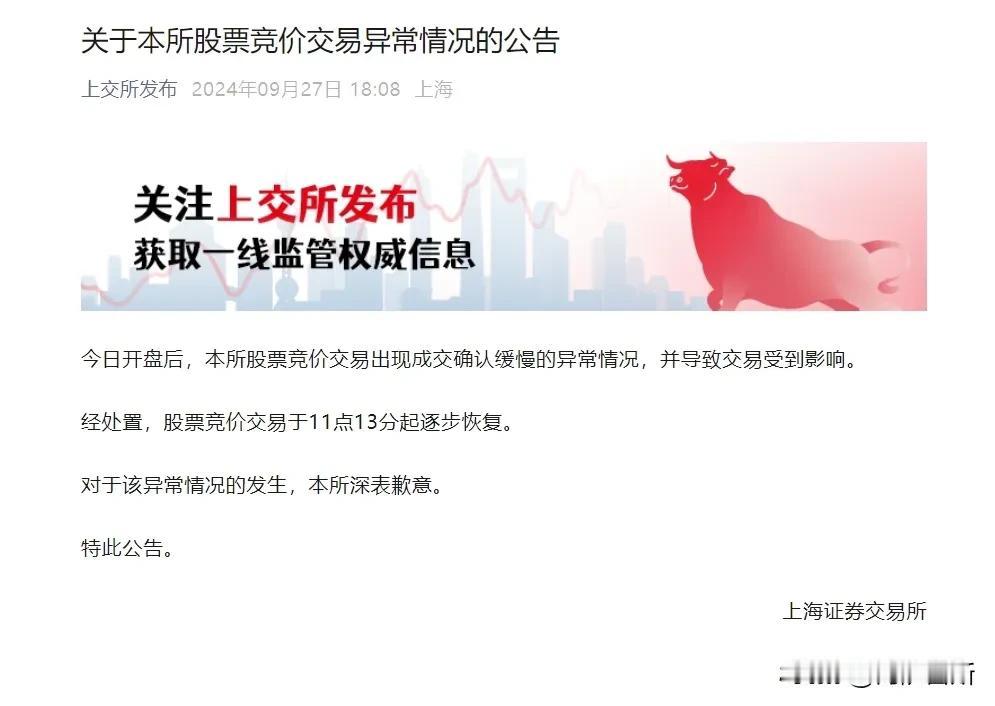 上海证券交易所（上交所）在2024年9月27日因股票竞价交易出现异常情况而向公众
