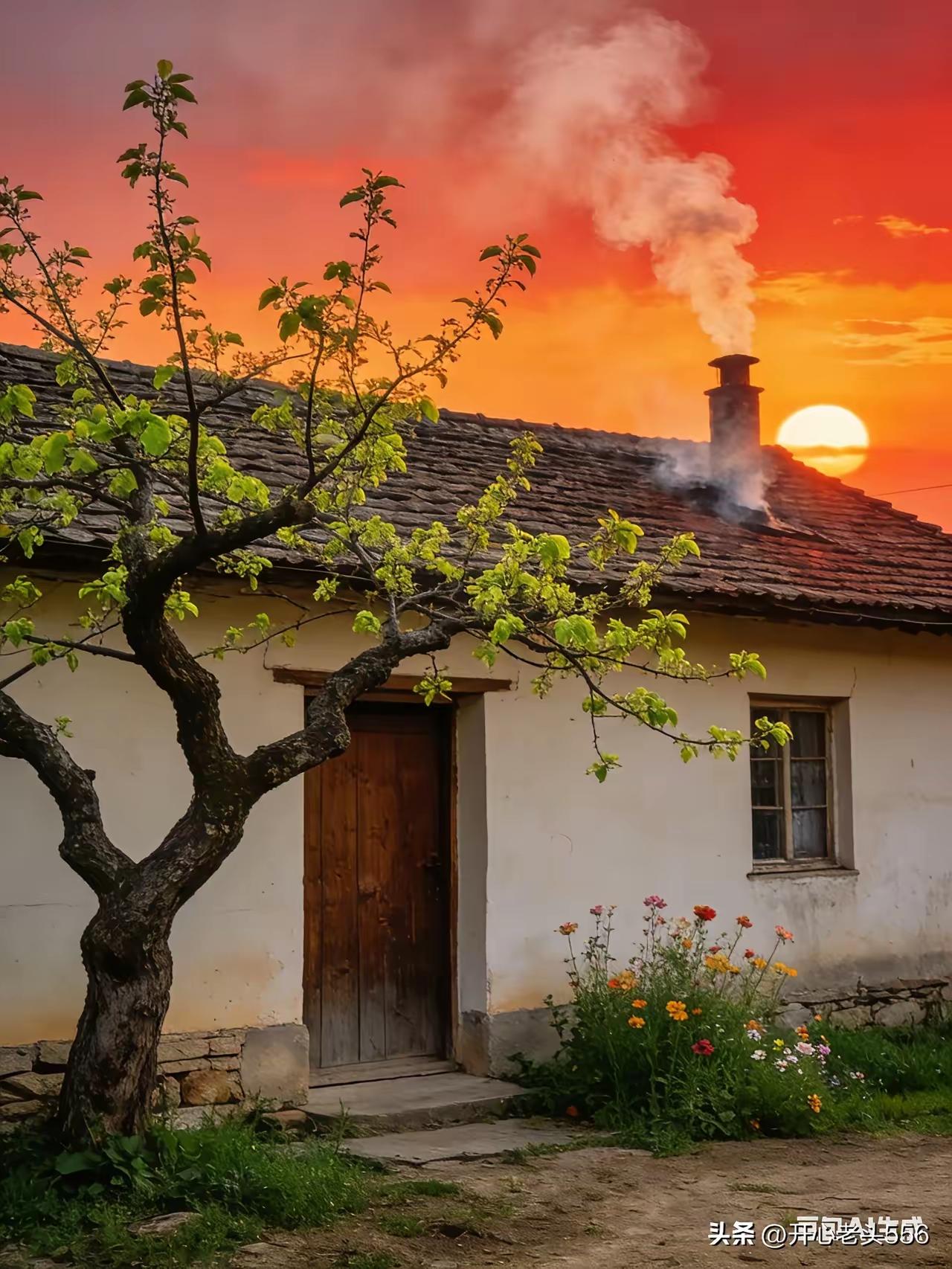 天净沙·寻常人家
西山落日流霞，
炊烟轻绕人家，
老树新芽淡雅。
温情如画，
平