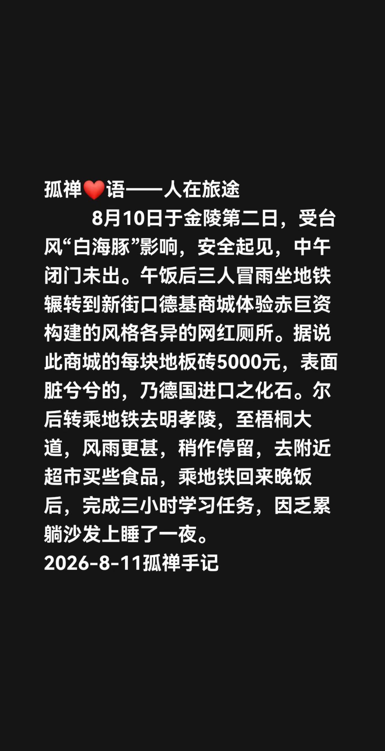 8月10日于金陵第二日，受台风“白海豚”影响，安全起见，中午闭门未出。午饭后三人