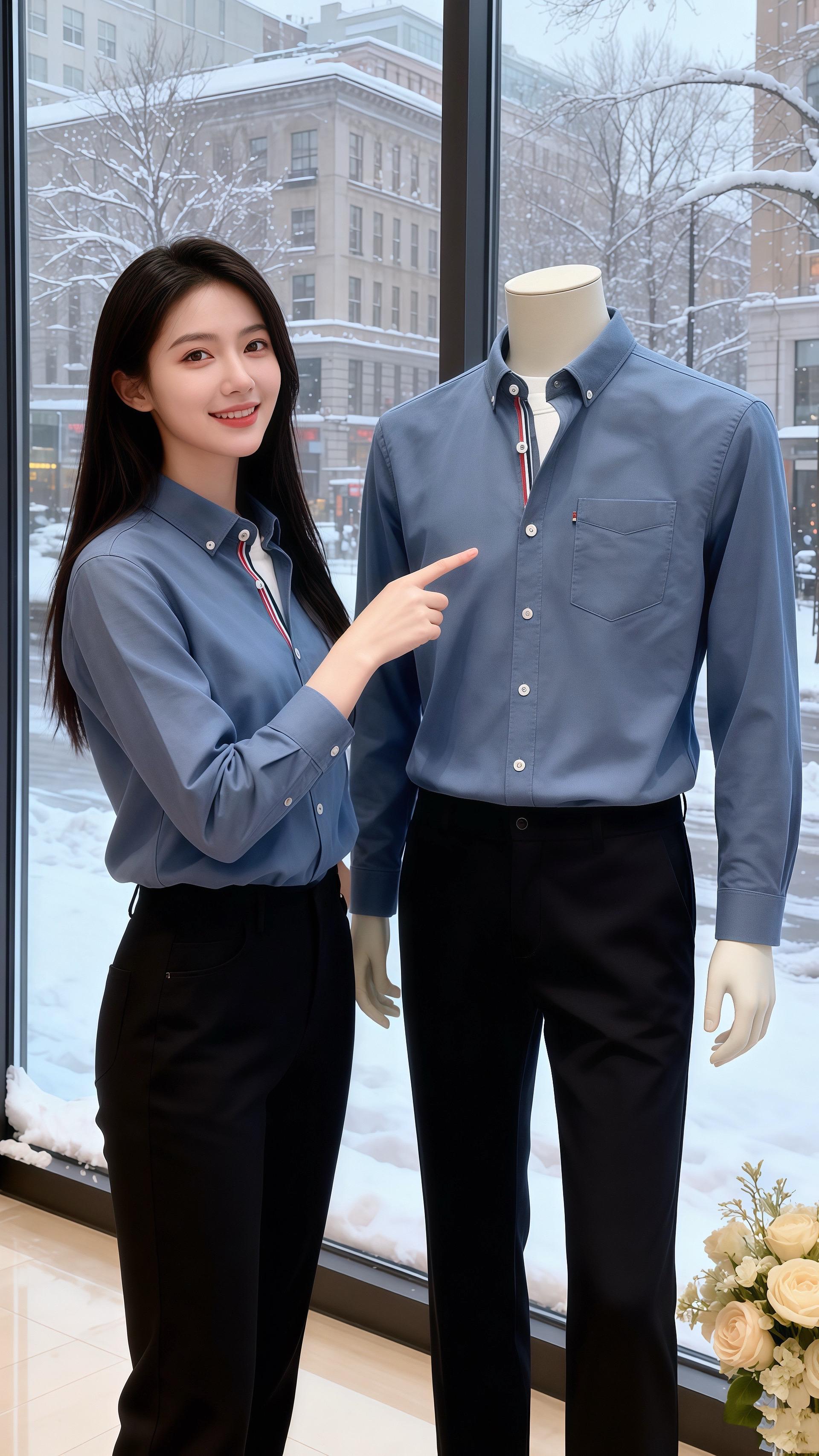 雪落满橱窗时，我在男装店撞见她——雾蓝色衬衫的领角衬得脖颈线条软而舒展...
