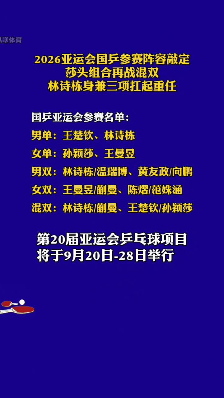 2026亚运会国乒参赛阵容敲定，莎头组合再战混双，林诗栋身兼三项扛起重任。
国乒