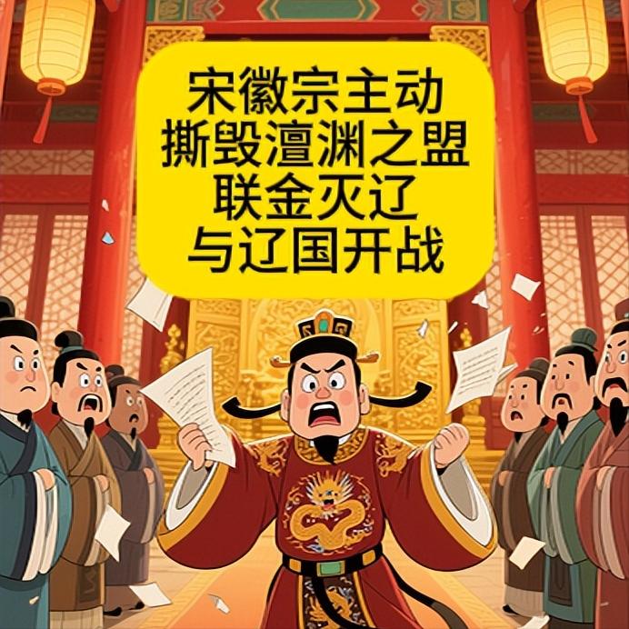 撕毁澶渊之盟 联金灭辽 与辽国开战
身为艺术家皇帝的宋徽宗，也想光宗耀祖。趁辽国