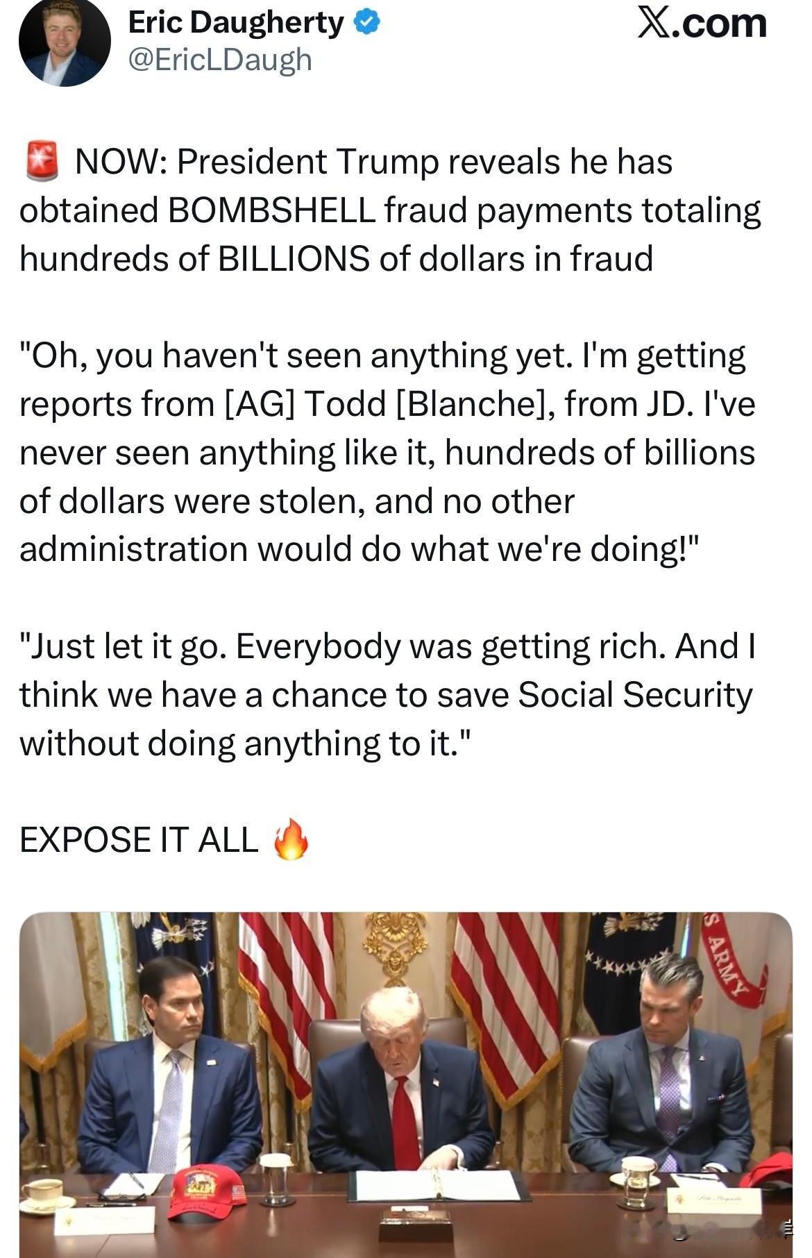 🚨 快讯：川普总统透露，他已拿到重磅欺诈付款证据，涉及的欺诈金额高达数千亿美元