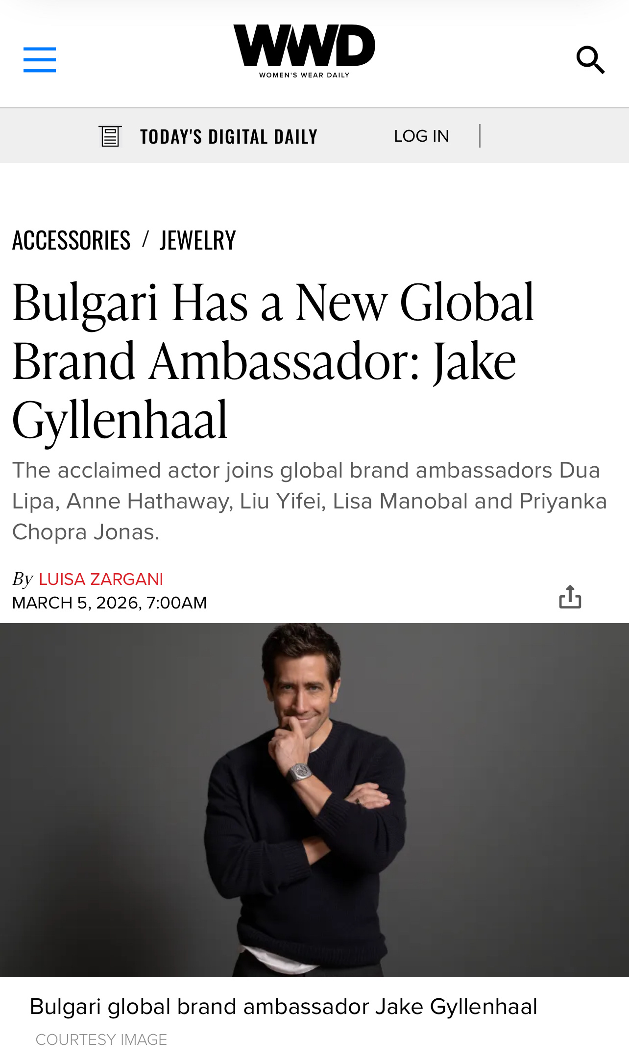 小黑板报 据WWD报道，BVLGARI宝格丽正式签下Jake Gyllenhaa
