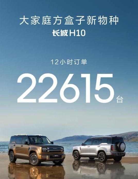 大家庭方盒子，哈弗H10，12小时订单22615台。长城可算等来了一场胜利。新能